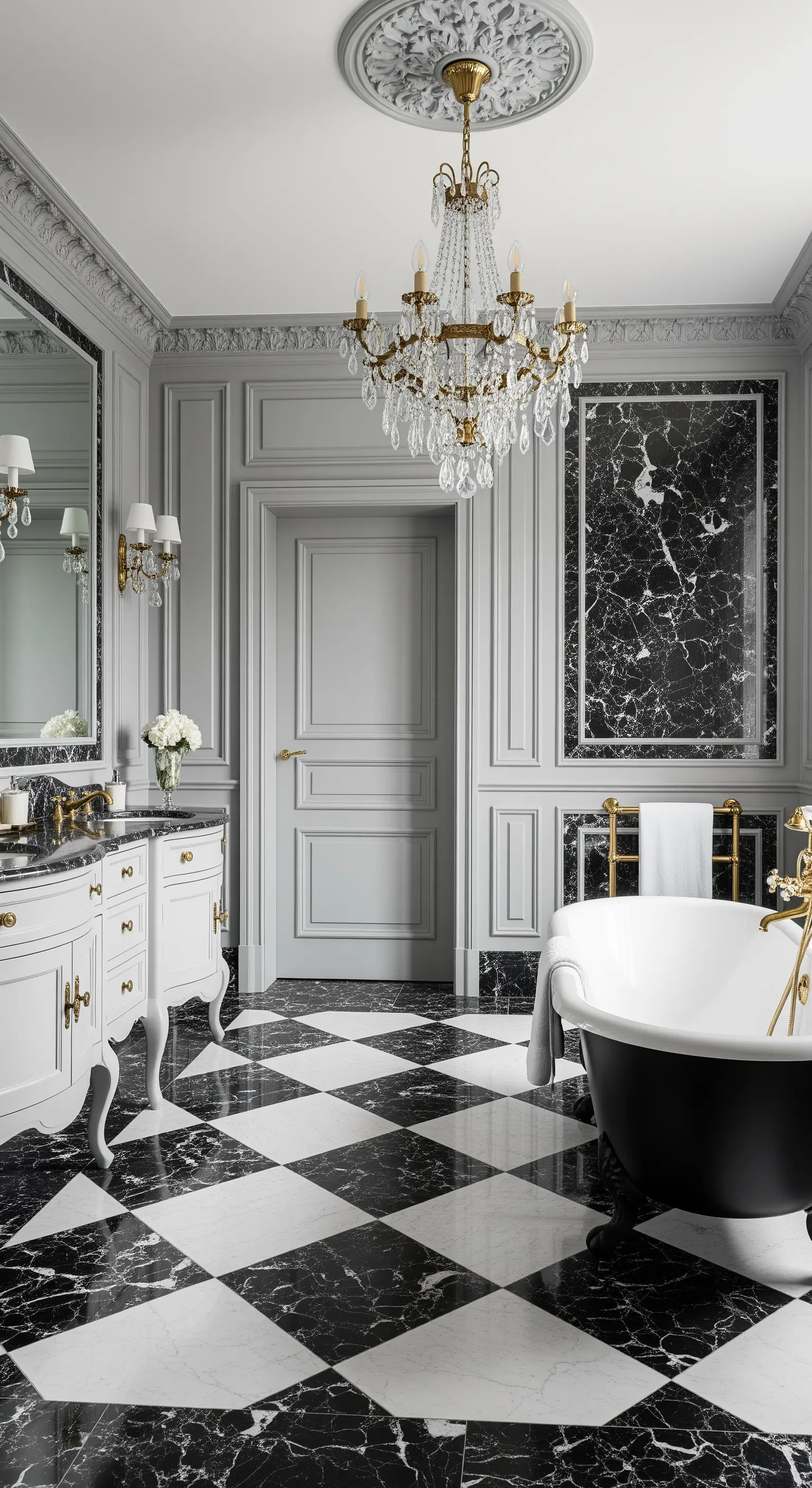 Pariser Badezimmer mit Schachbrettboden, grauem Wandpaneel und Kronleuchter.