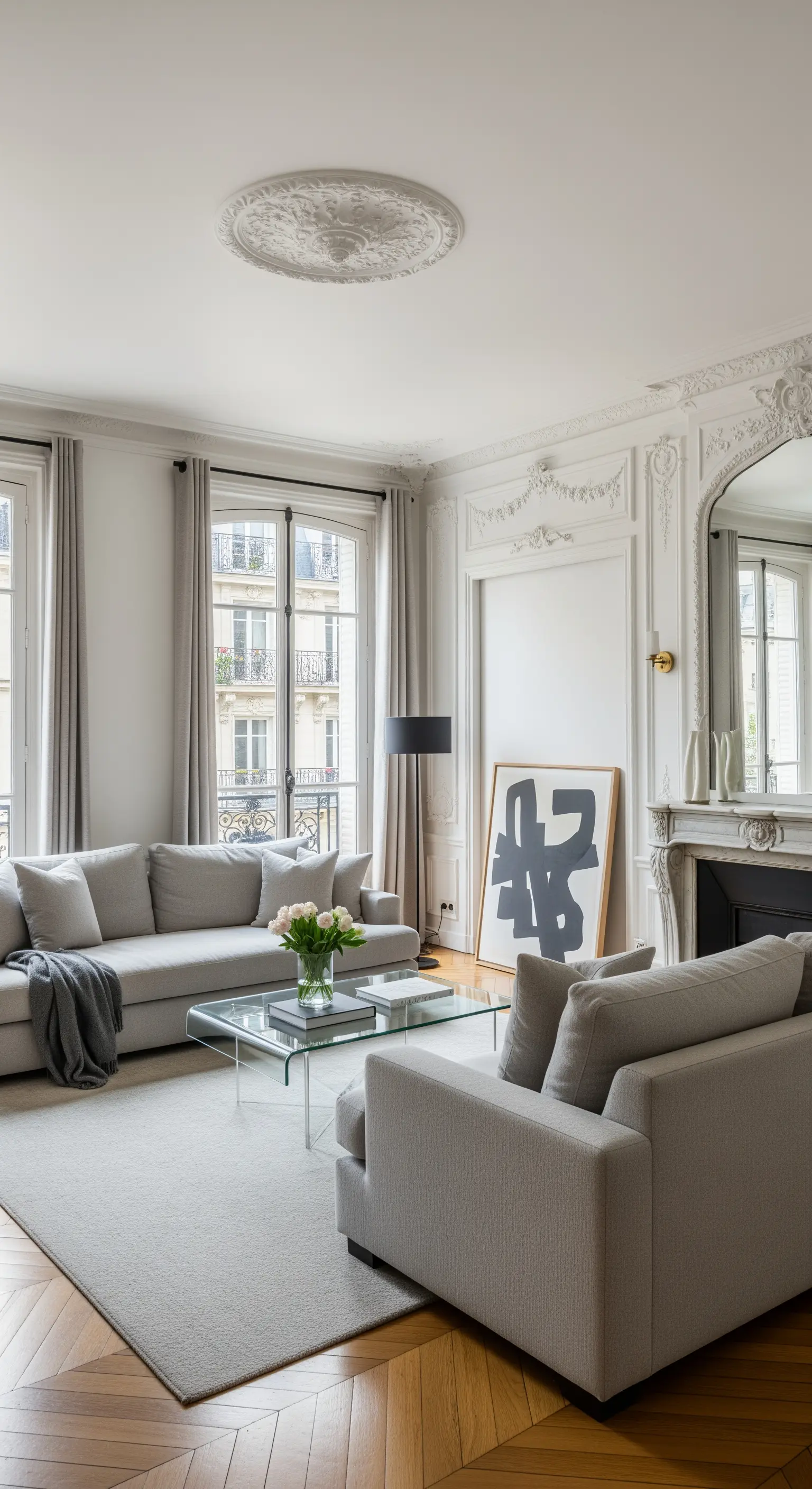 Zwei graue Sofas in einem hellen Pariser Altbau-Wohnzimmer mit Stuck und Fischgrätparkett.
