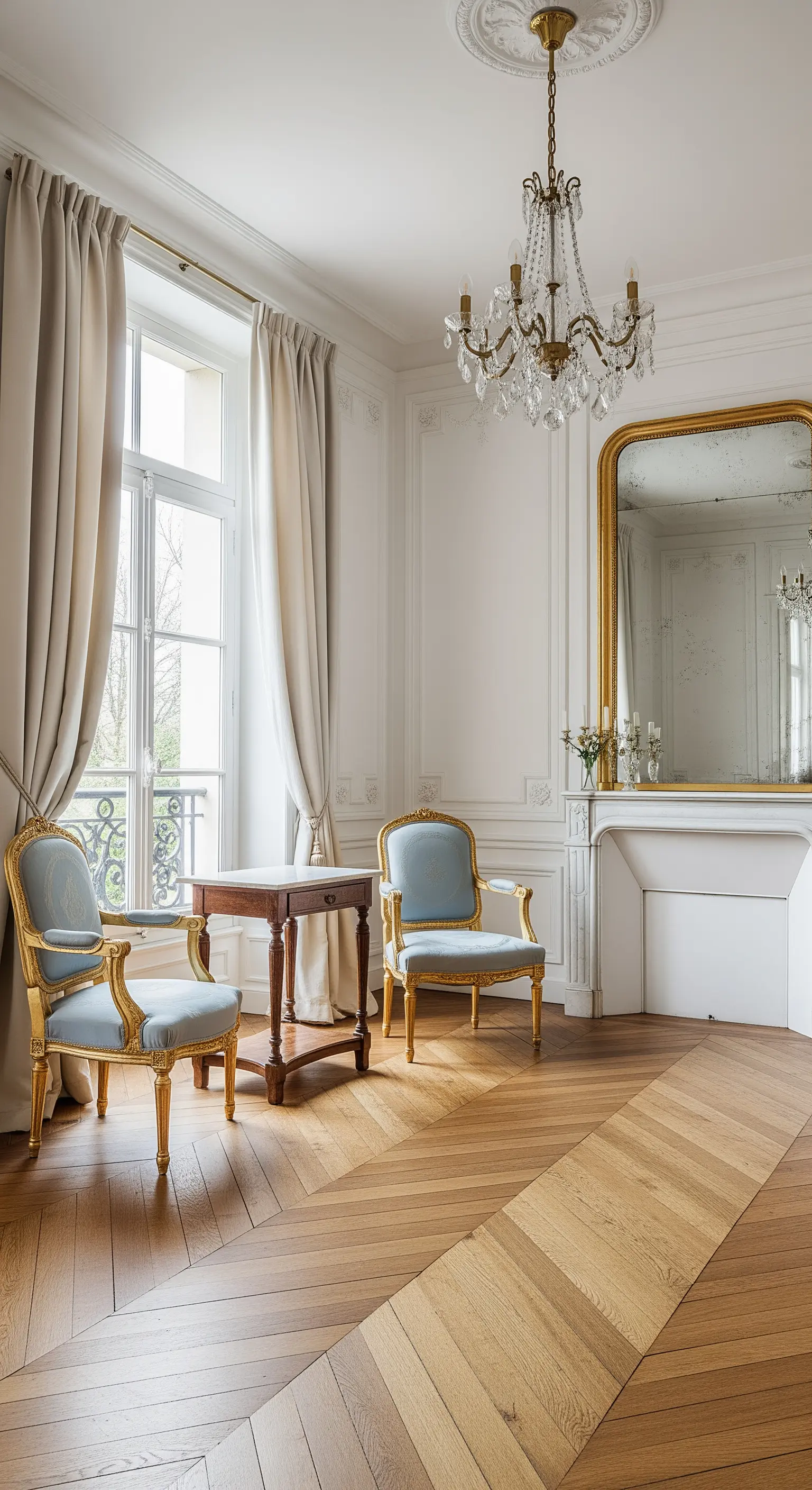 Klassisches Pariser Wohnzimmer mit Stuck, Fischgrätparkett und Goldspiegel.