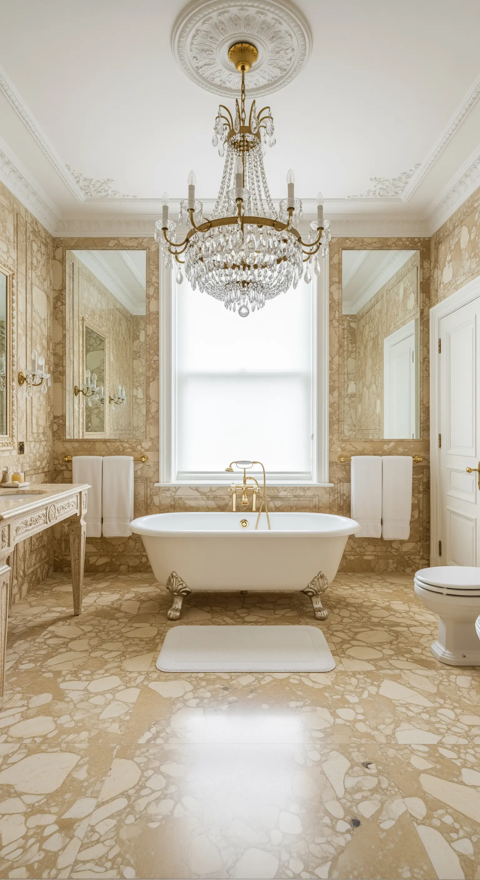 Klassische Löwenfußwanne unter einem opulenten Kronleuchter in einem beigen Marmorbad.