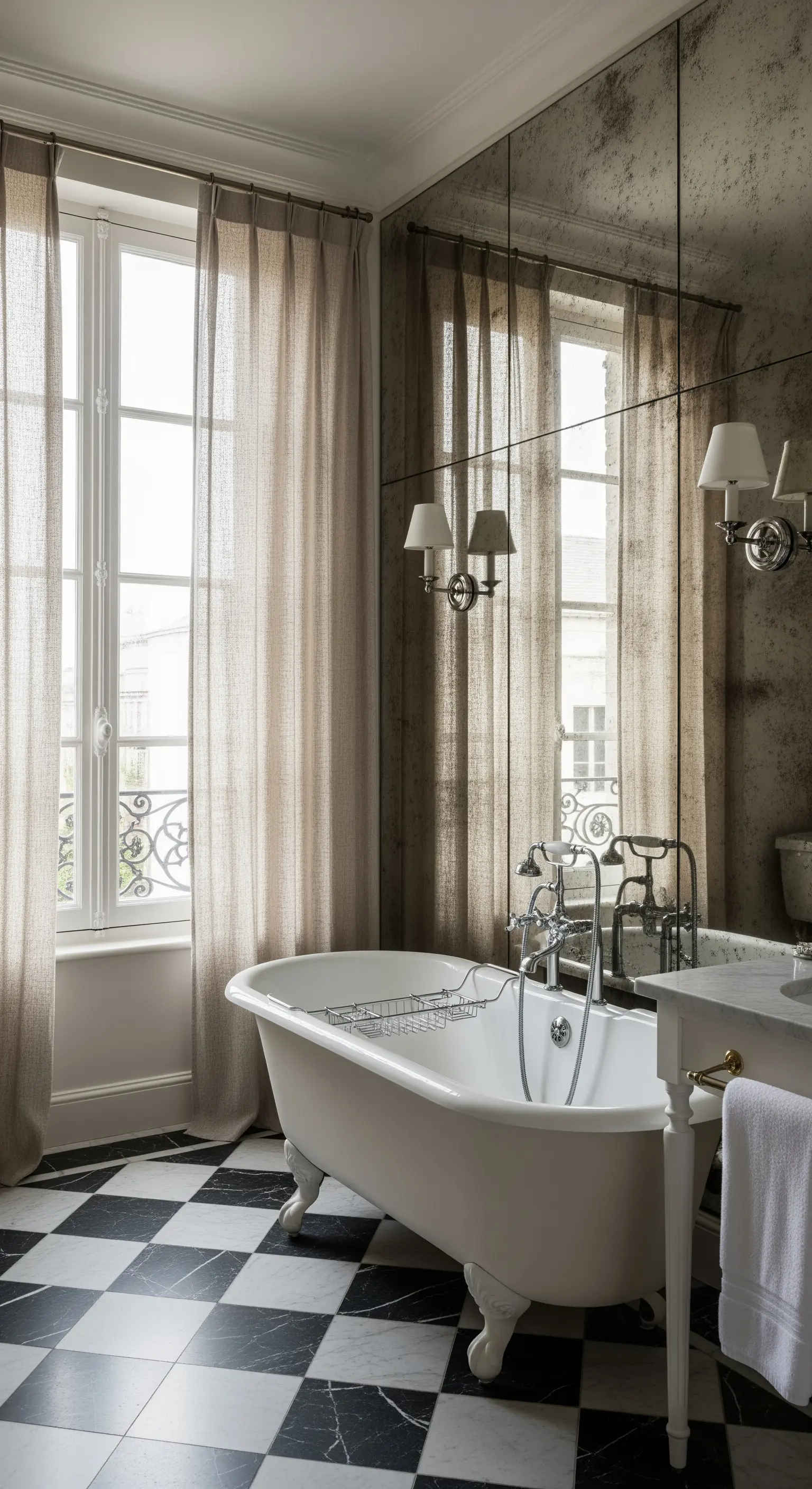 Elegantes Badezimmer mit Antikspiegelwand, freistehender Badewanne und Schachbrettboden.