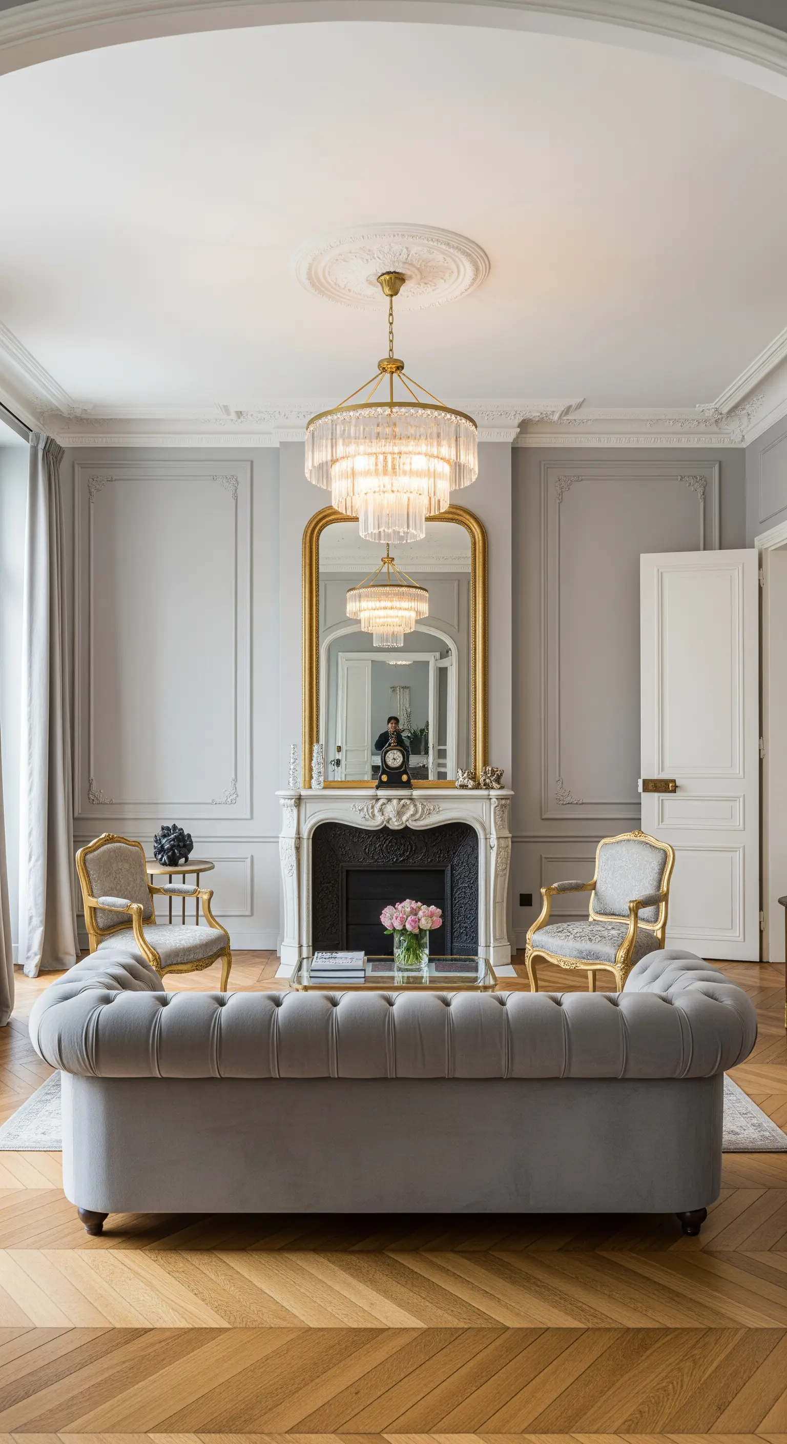 Elegantes Wohnzimmer mit Kronleuchter, goldenem Spiegel, Stuck und grauem Chesterfield-Sofa.