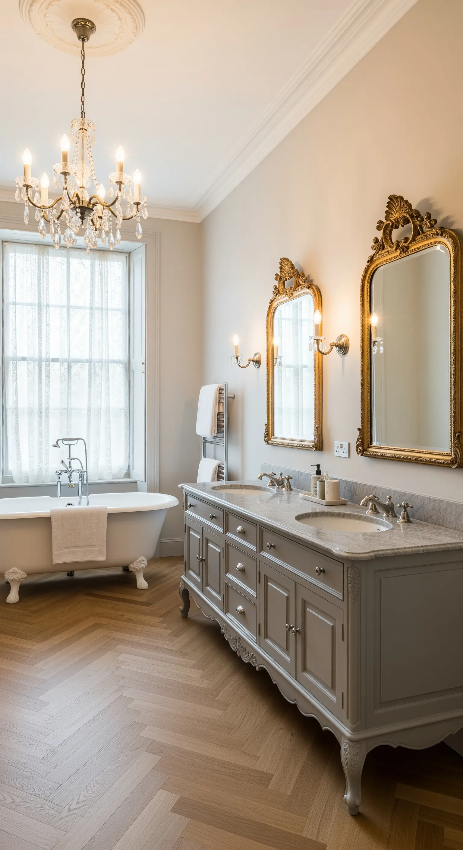 Elegantes Badezimmer im Pariser Stil mit goldenen Barockspiegeln und Kronleuchter.