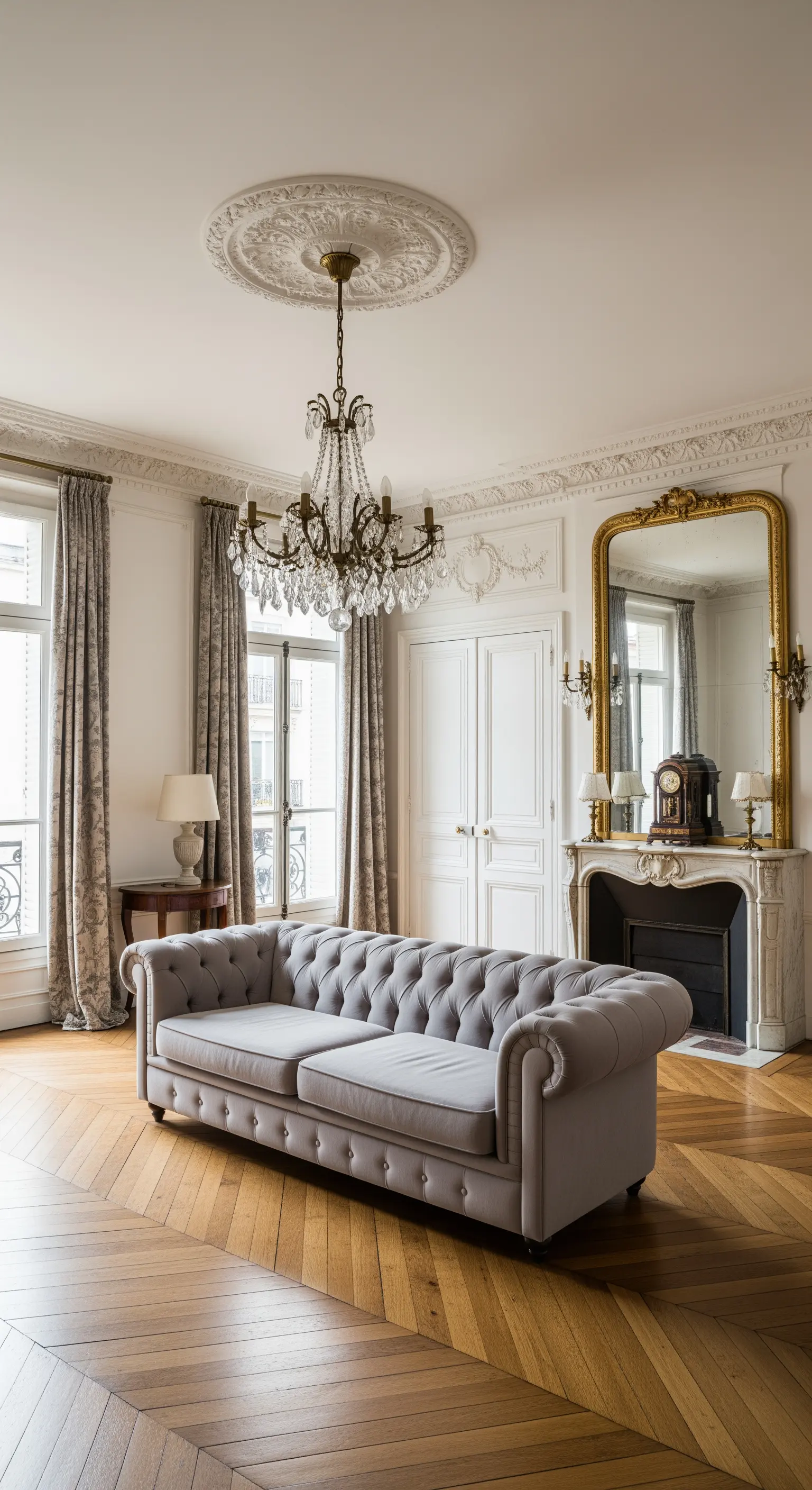 Graues Chesterfield-Sofa in einem klassischen Pariser Altbau mit Stuck und Fischgrätparkett.