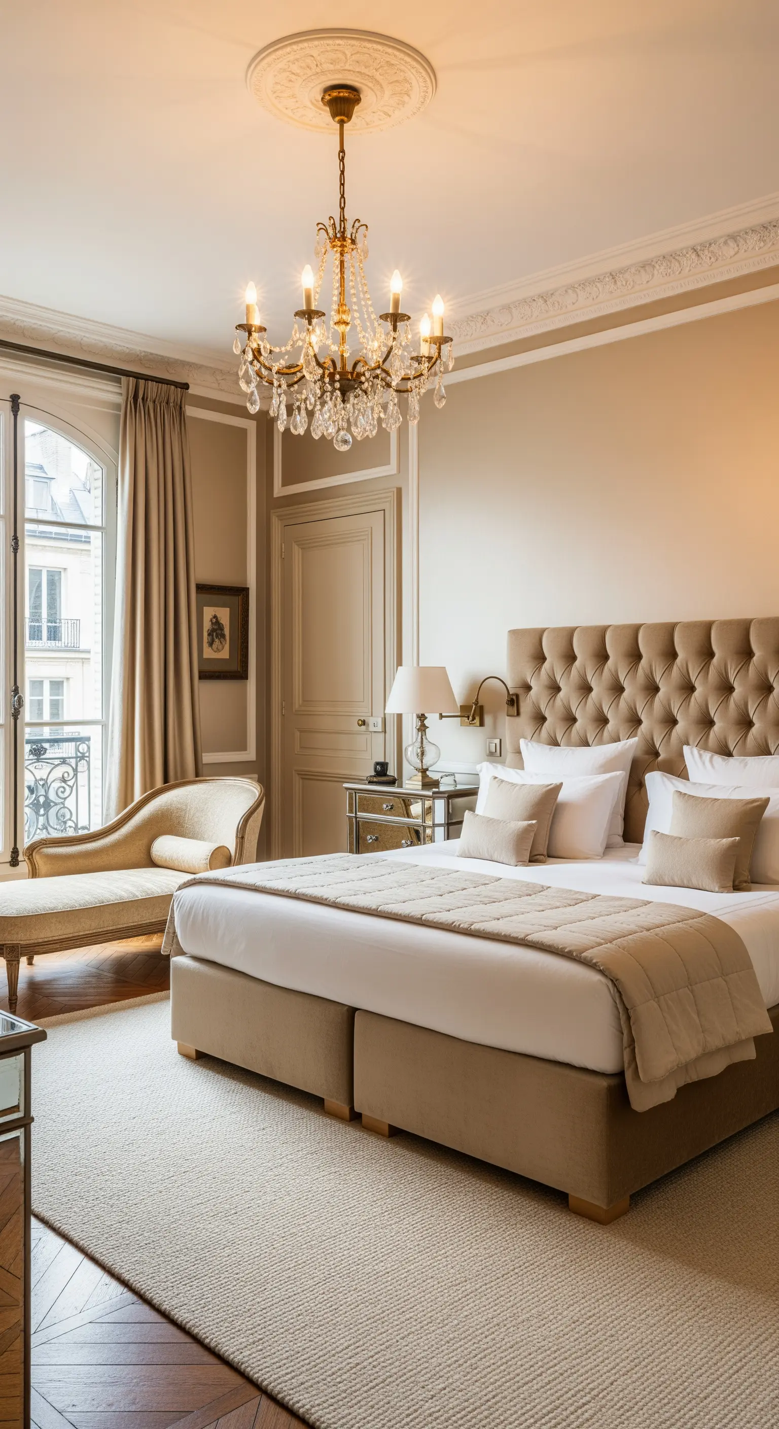 Luxuriöses Schlafzimmer mit hohem, getuftetem Kopfteil und Kristall-Kronleuchter.