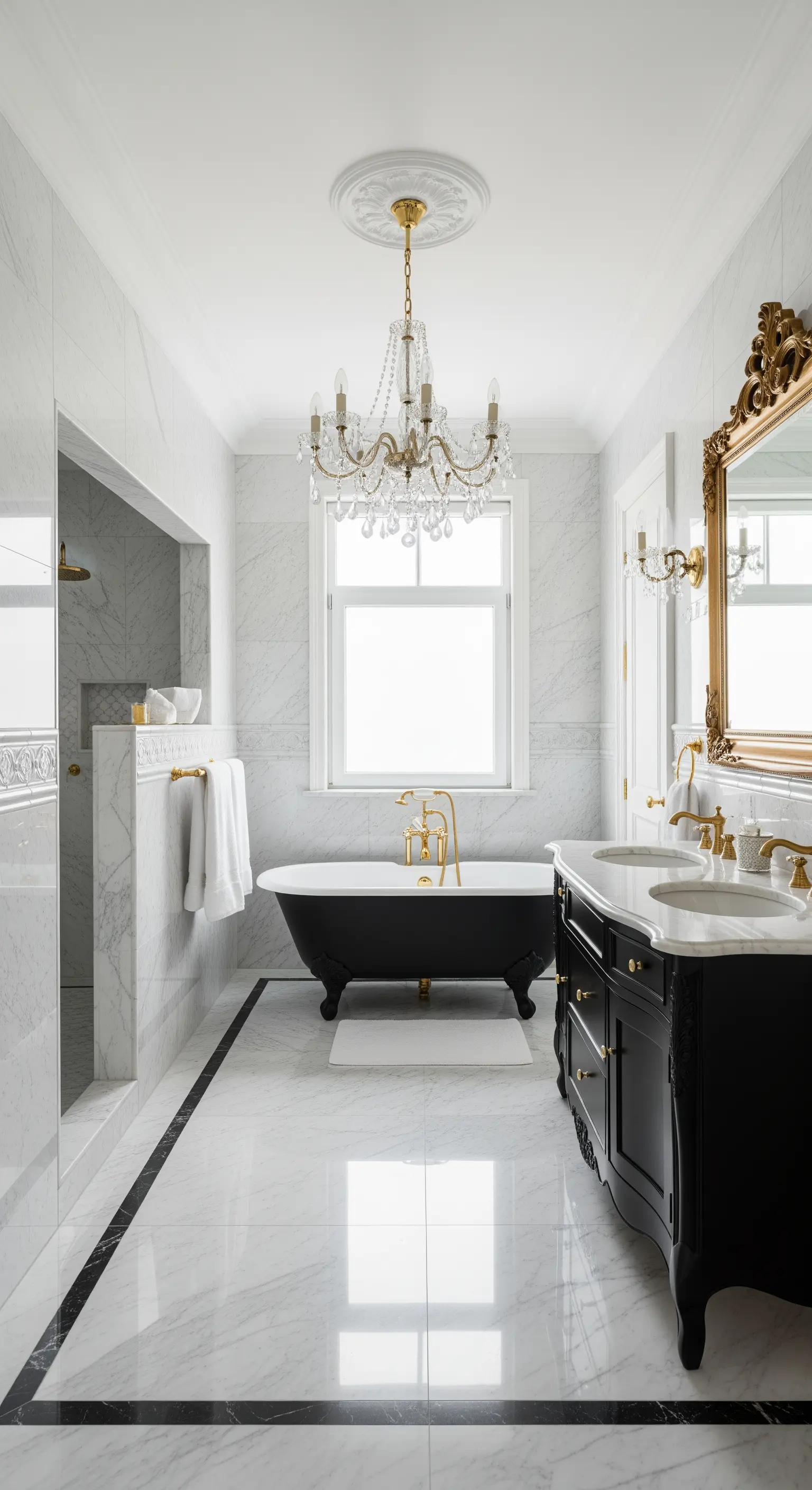 Klassisches Badezimmer in Schwarz-Weiß mit Löwenfuß-Badewanne und Kristall-Kronleuchter