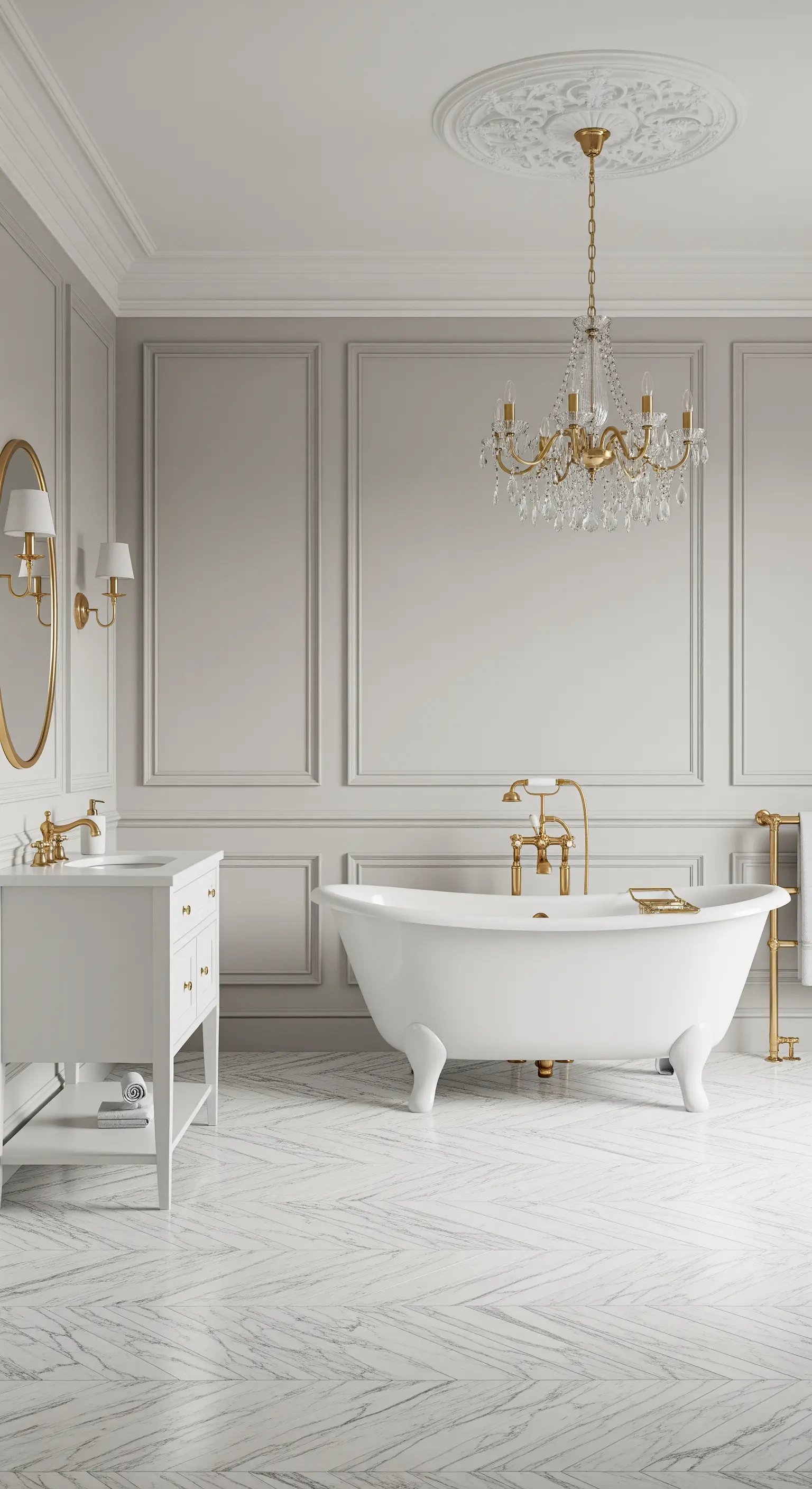 Elegantes Badezimmer im Pariser Stil mit Kronleuchter, Stuck und freistehender Badewanne.