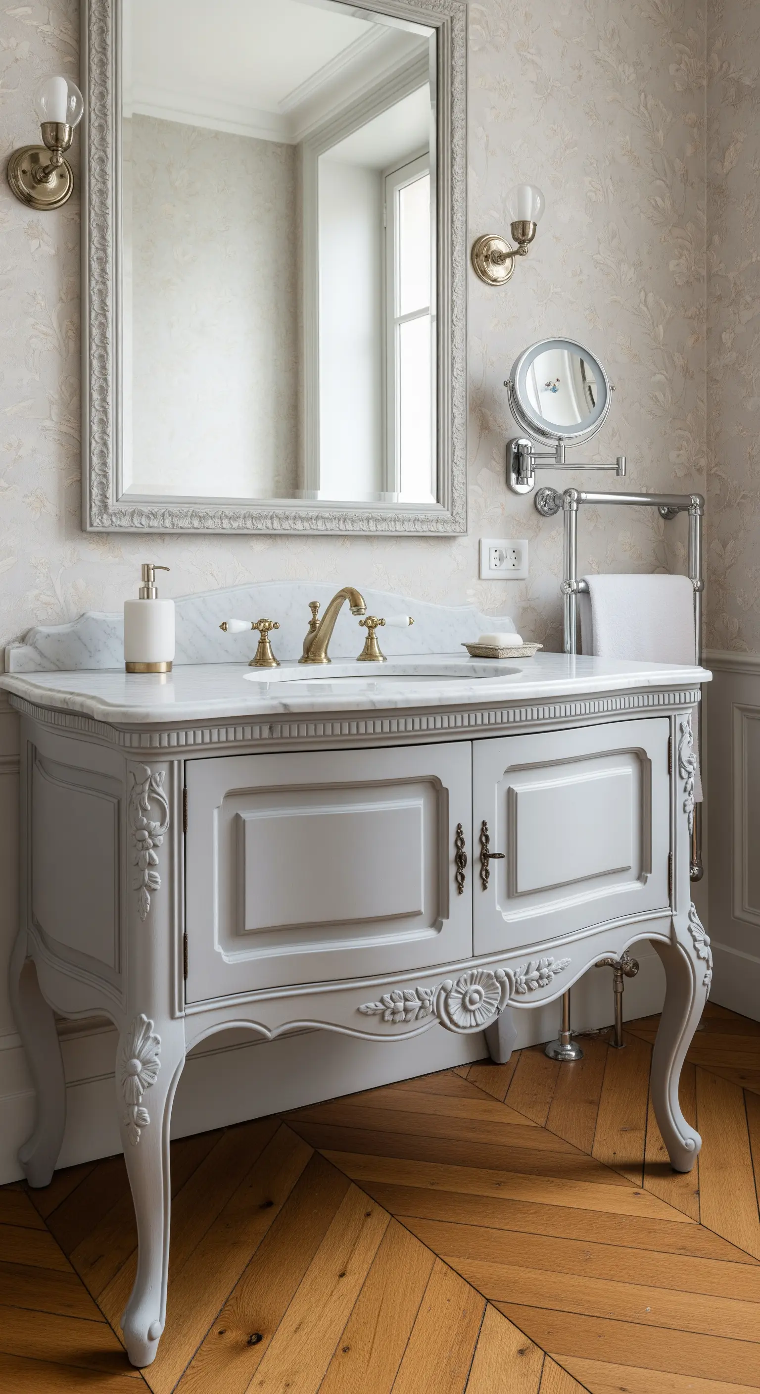 Vintage-Waschtisch in Grau mit Marmorplatte in einem Pariser Apartment-Bad.