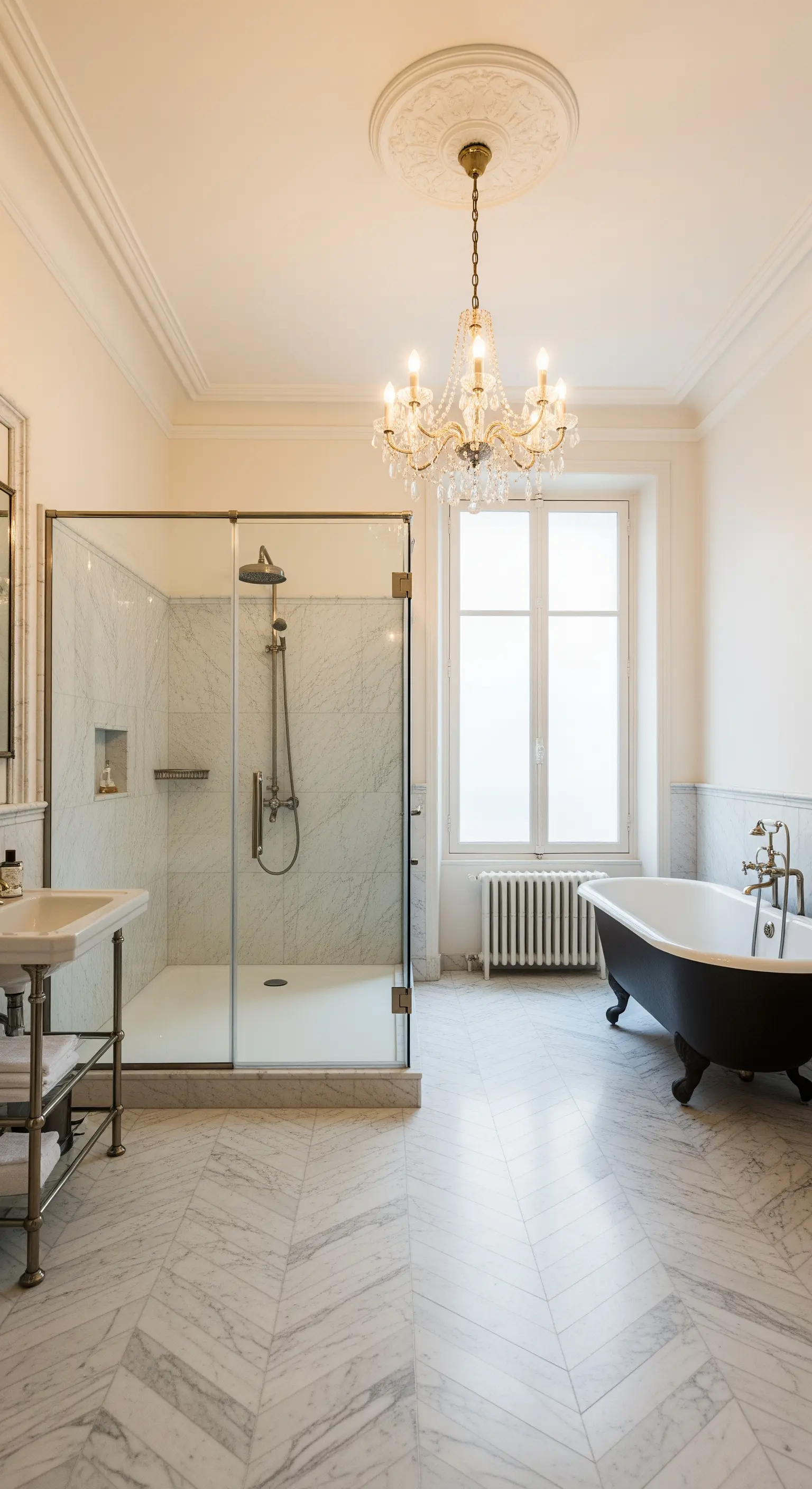 Elegantes Altbau-Badezimmer mit Marmorboden, Kronleuchter und moderner Glasdusche