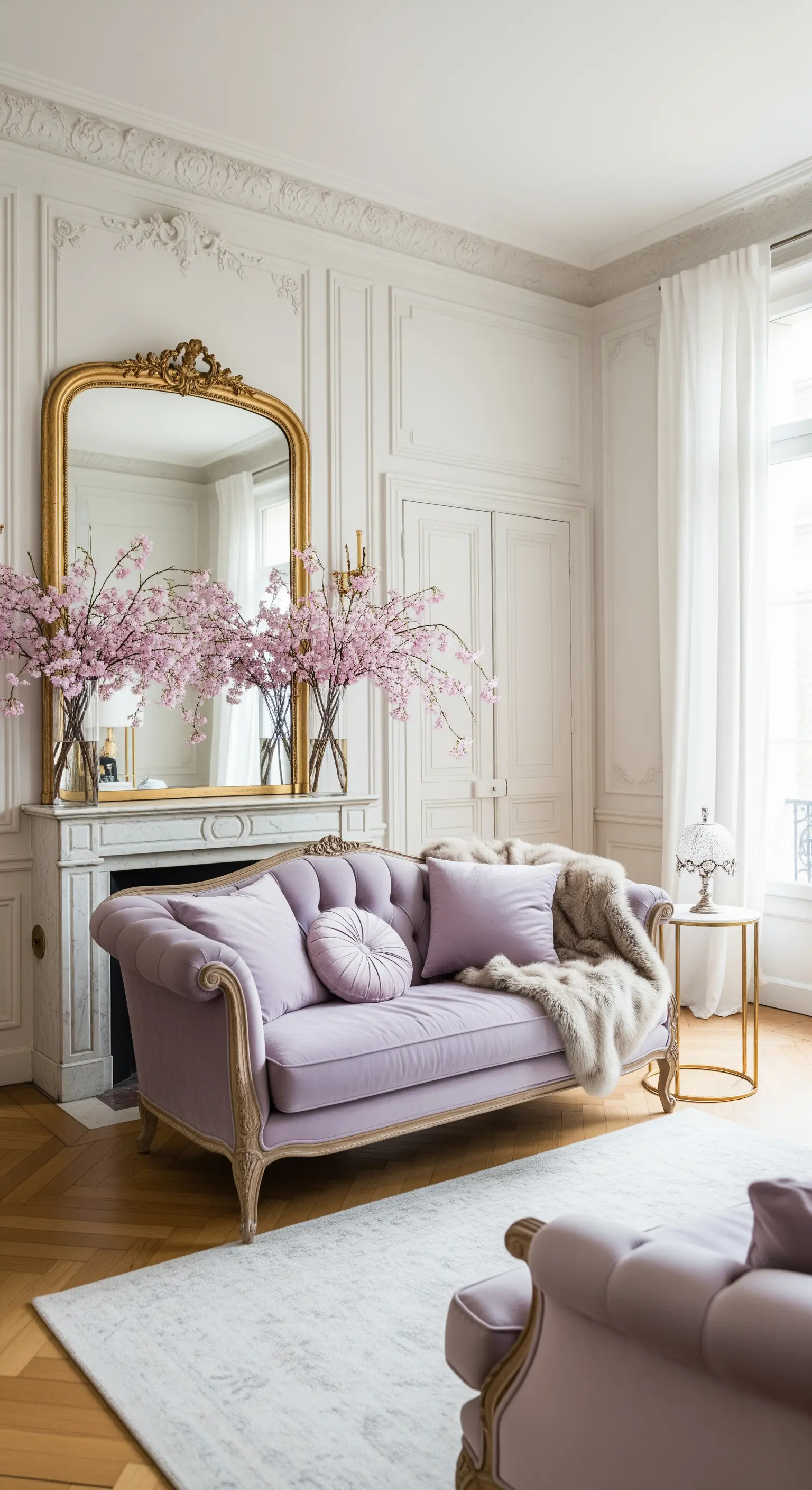 Elegantes Pariser Wohnzimmer mit lila Samtsofa, Goldspiegel und Kirschblüten.