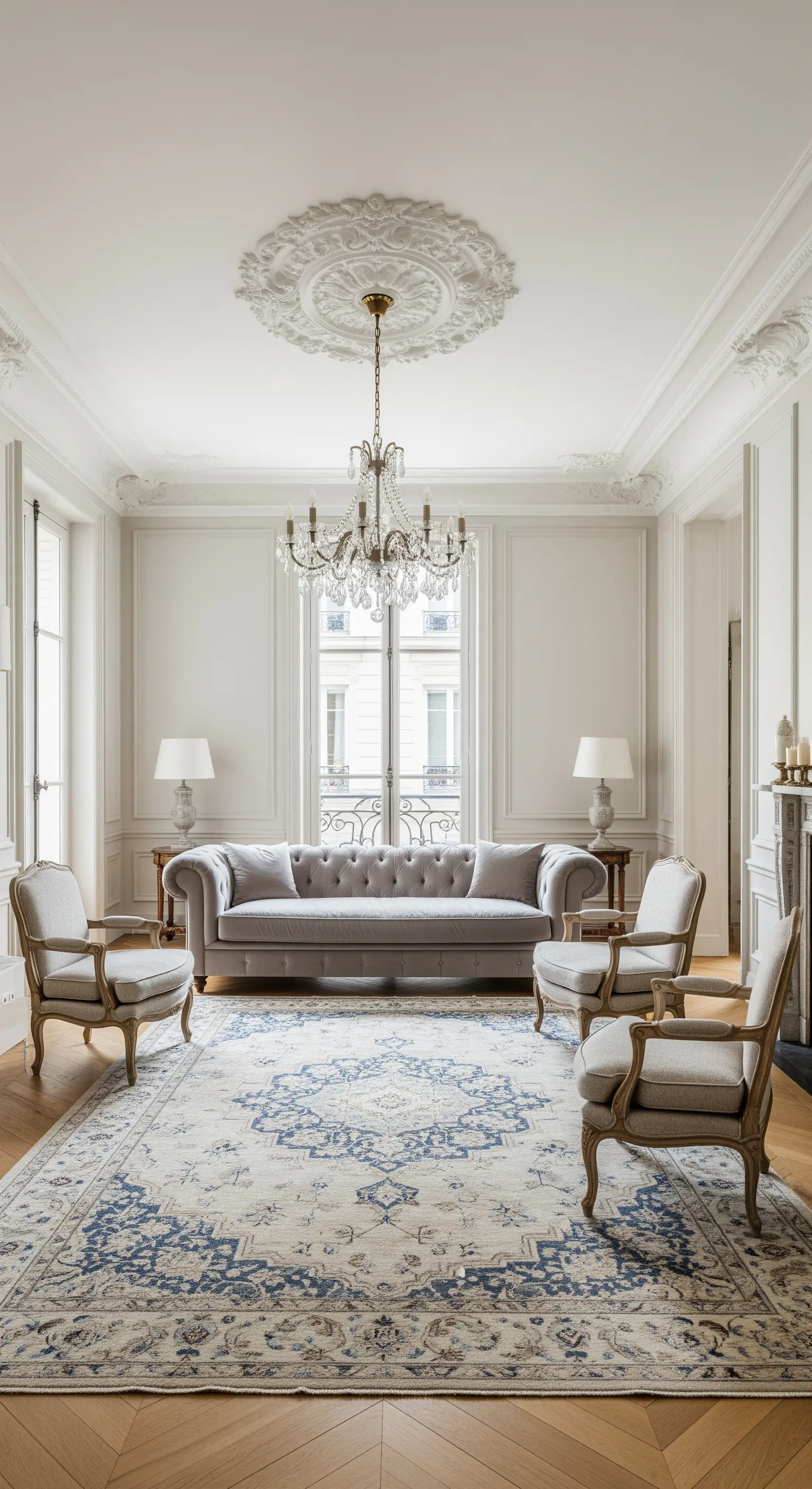 Klassisches Pariser Wohnzimmer mit Stuckdecke und symmetrisch platziertem Orientteppich.