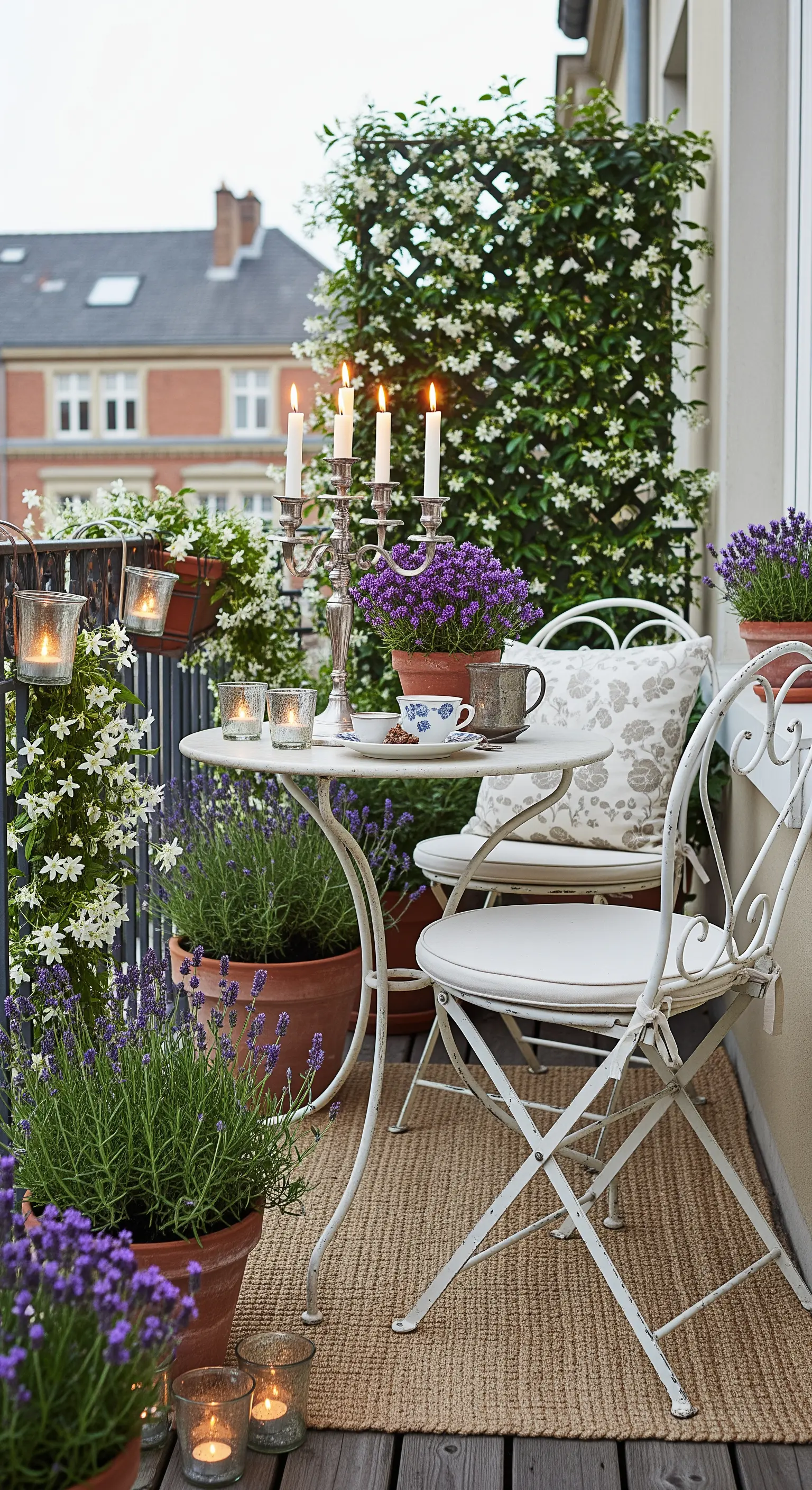 Romantischer französischer Balkon mit Bistrotisch, Lavendel und Kerzenleuchter