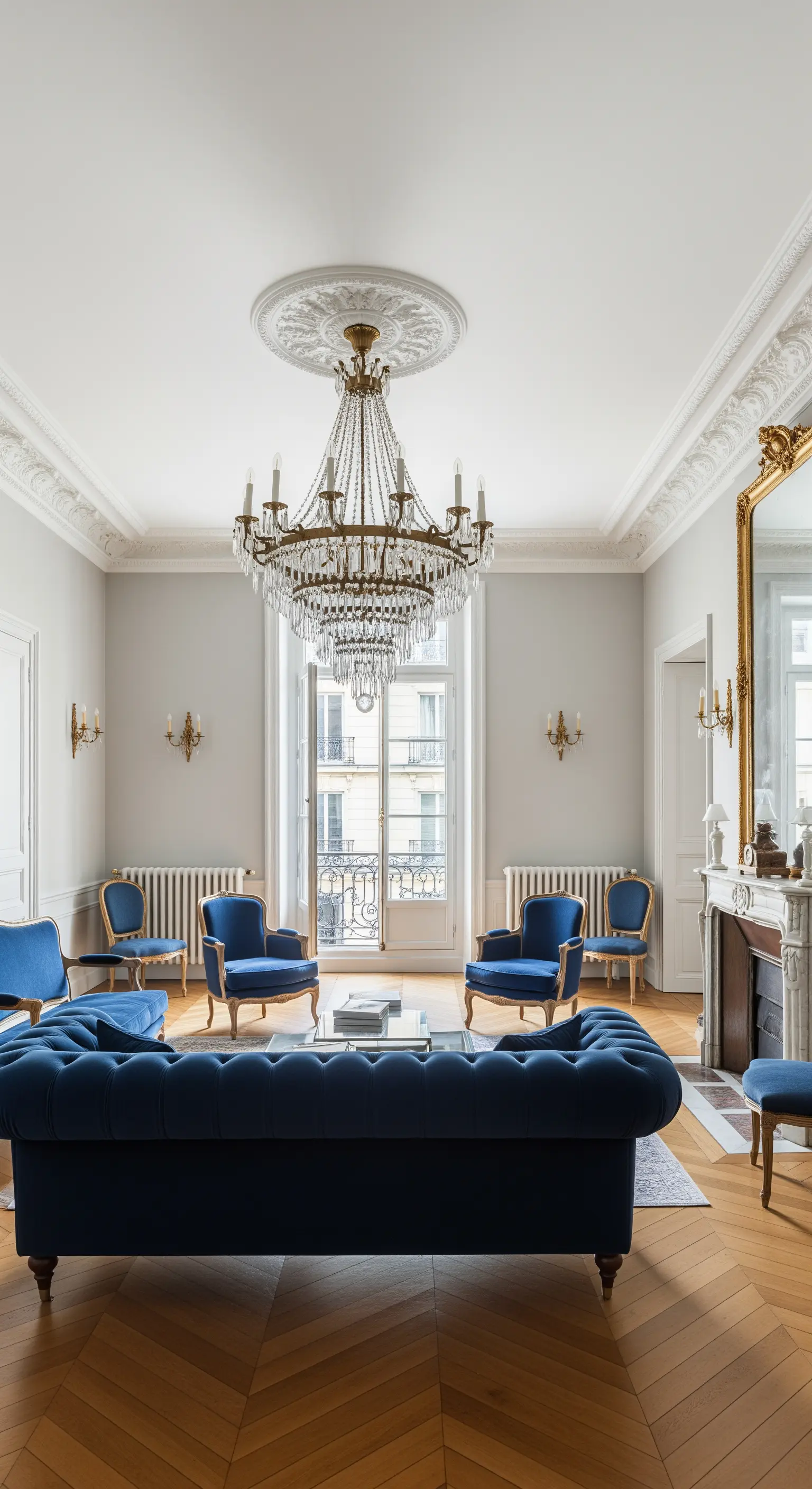 Traditioneller Kristallkronleuchter in einem eleganten Pariser Salon mit blauen Samtsesseln.