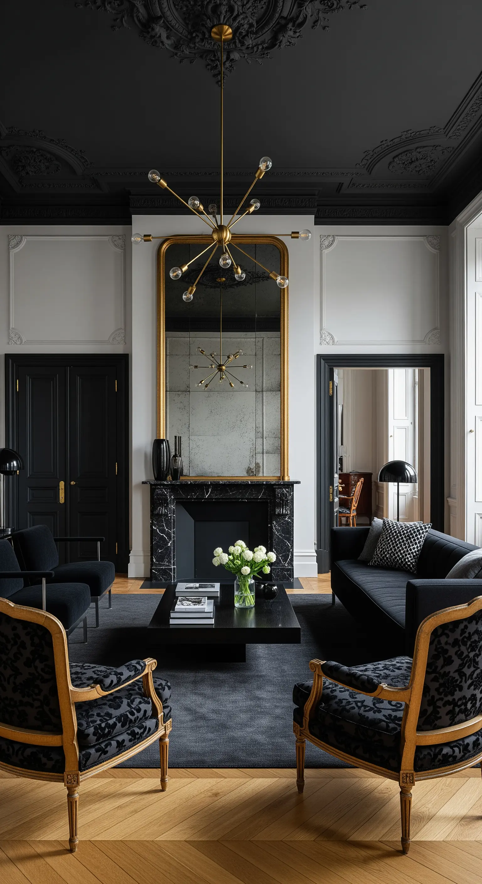 Klassischer Pariser Altbau mit schwarzen Details und modernen Möbeln.