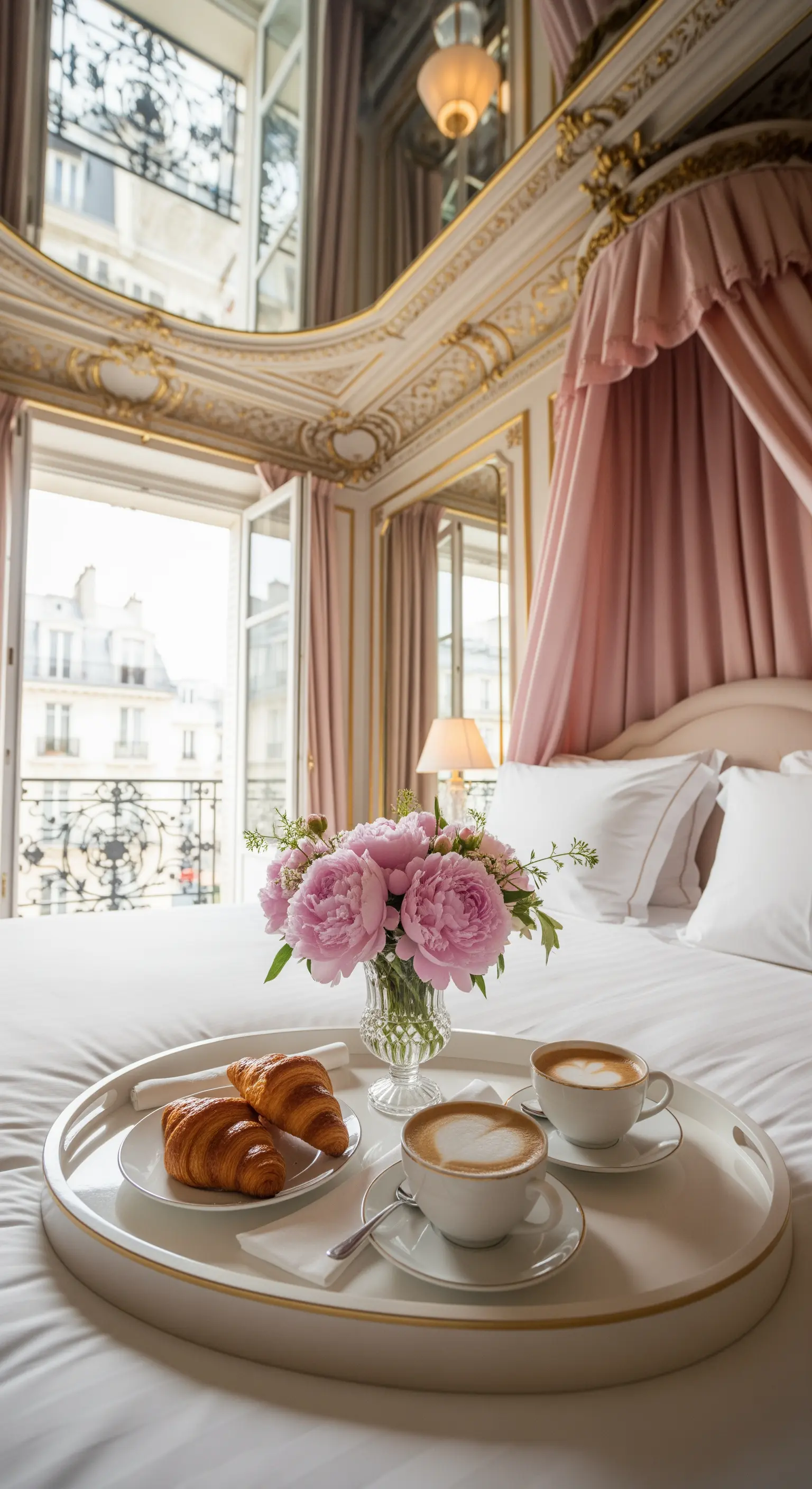 Pariser Luxus-Frühstück mit Pfingstrosen, Croissants auf weißem Tablett im Himmelbett