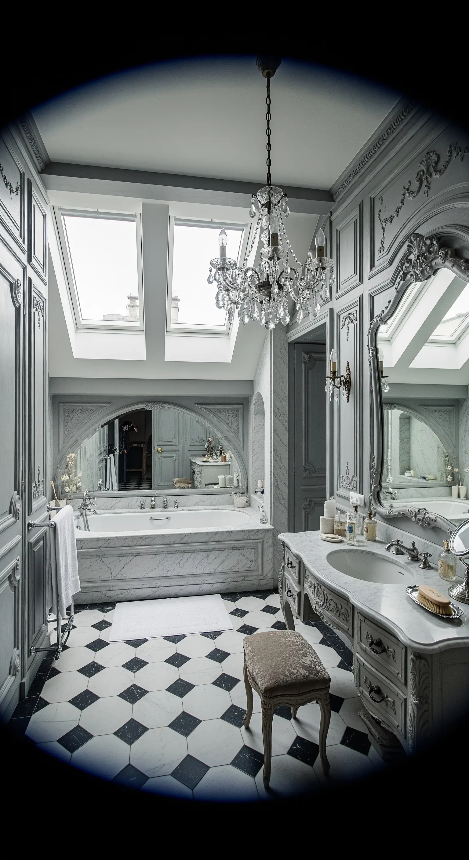 Opulentes Pariser Badezimmer mit grauen Wandpaneelen, Marmor und einem Kristall-Kronleuchter.