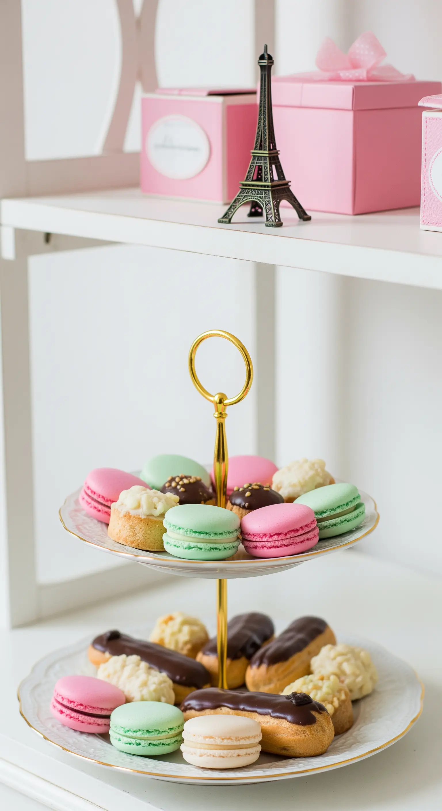 Kleine, elegante Etagere mit bunten Macarons und kleinen Eclairs.