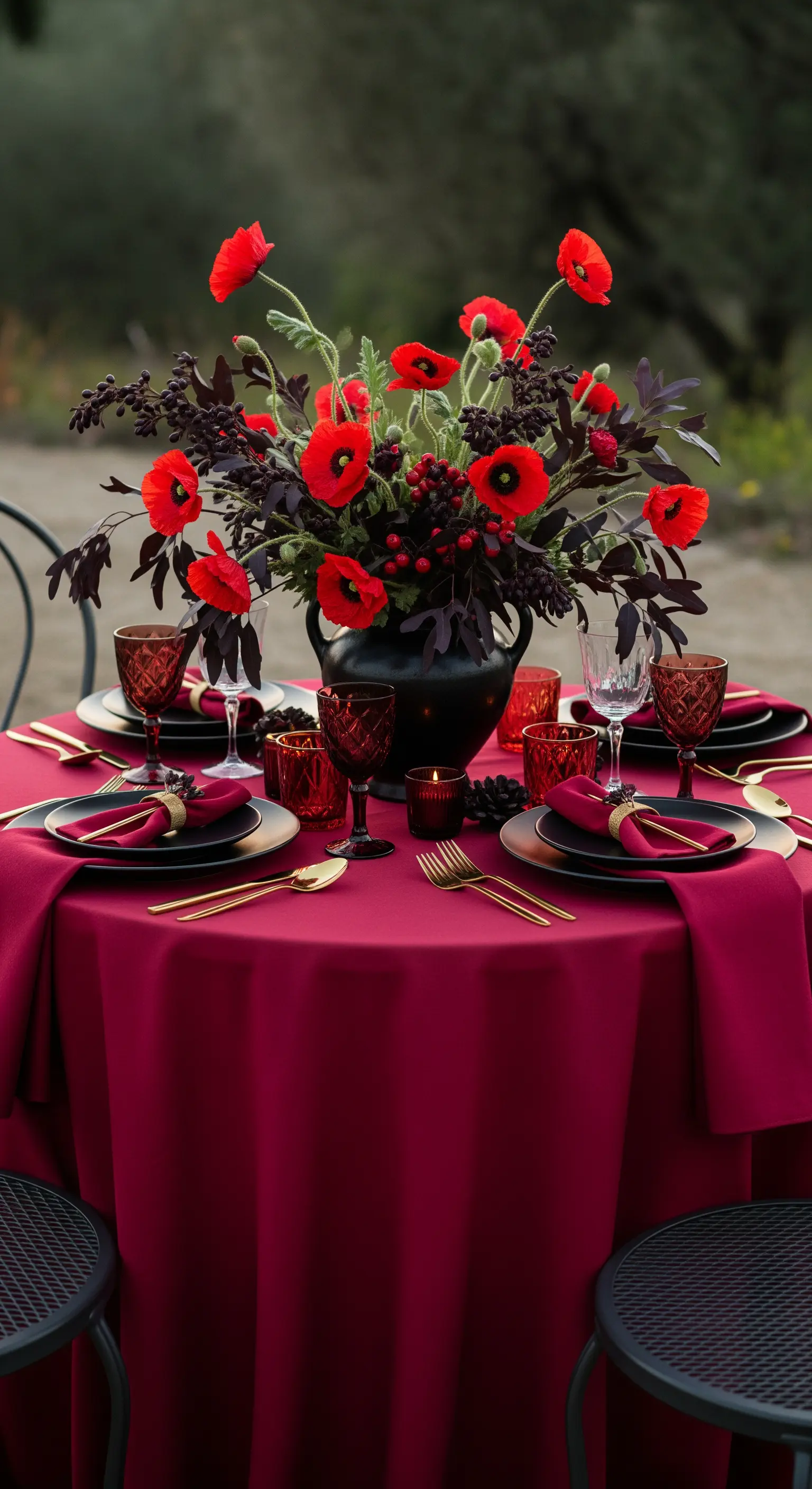 Tisch in tiefem Rot und Schwarz mit goldenem Besteck und einem Strauß roter Mohnblumen.