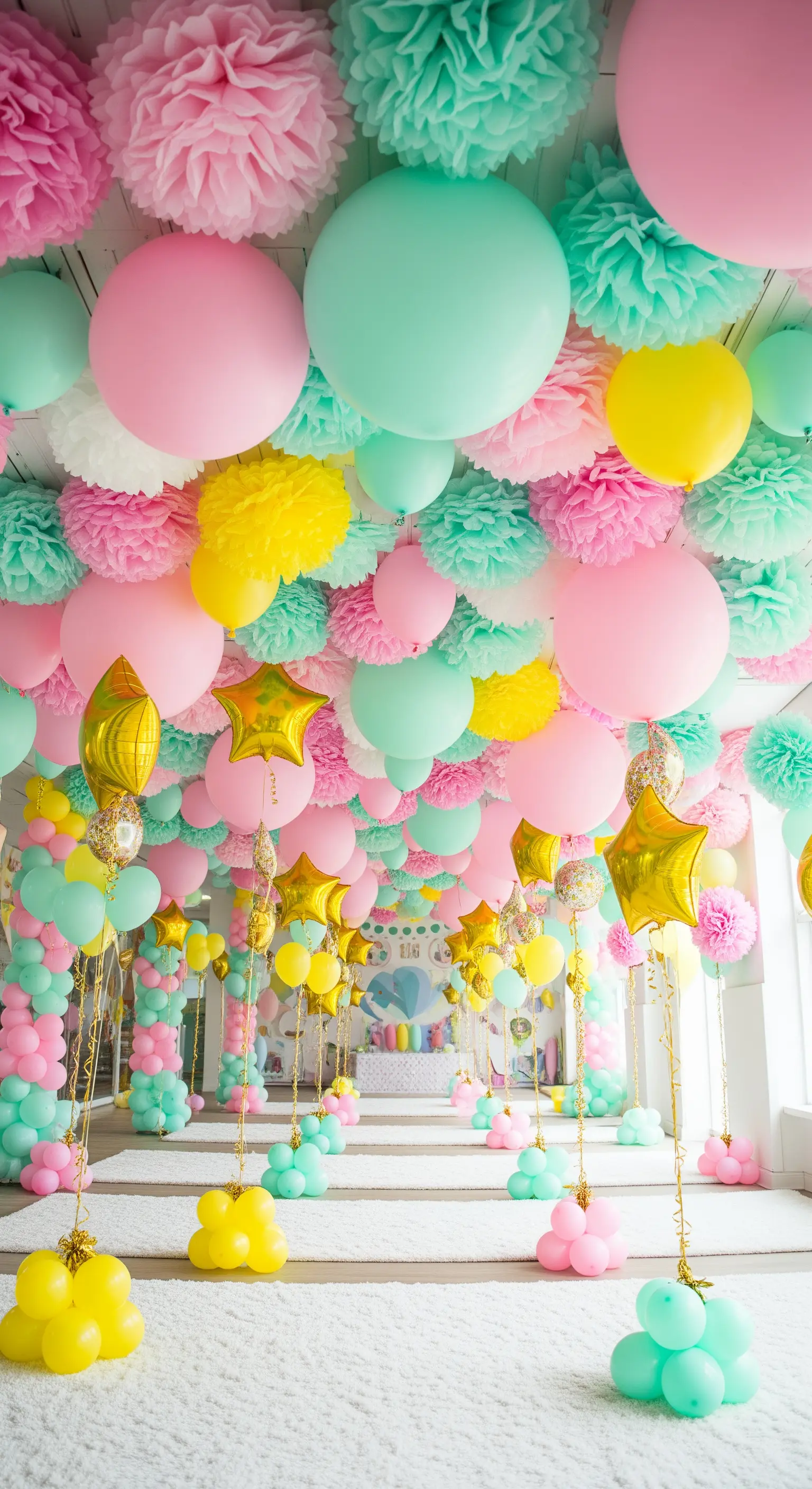 Decken voller Pastellballons und Pompons für eine luftige Kinderparty.