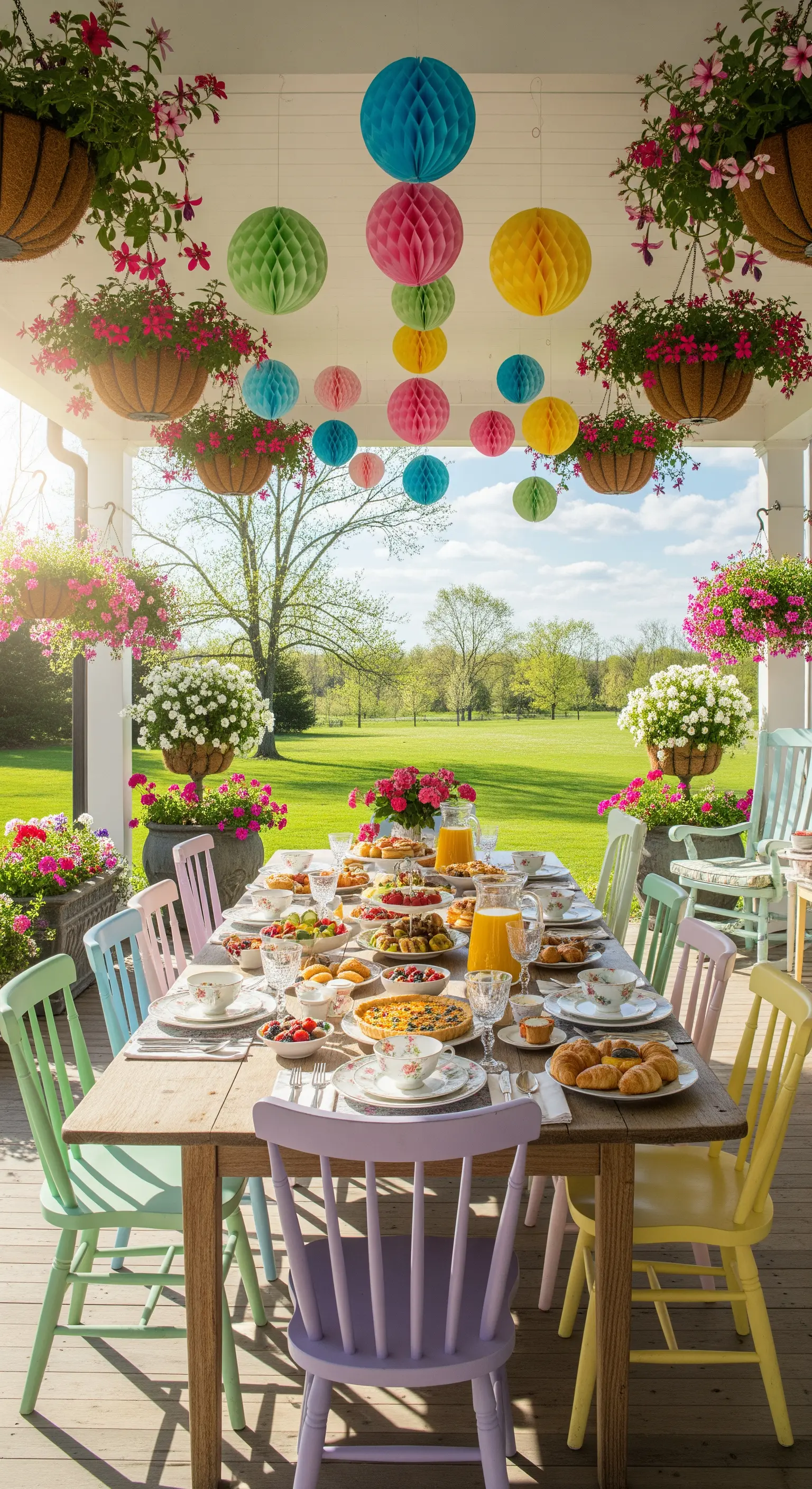 Pastell-Brunch auf Veranda mit bunten Stühlen, Papierlaternen und hängenden Blumen.