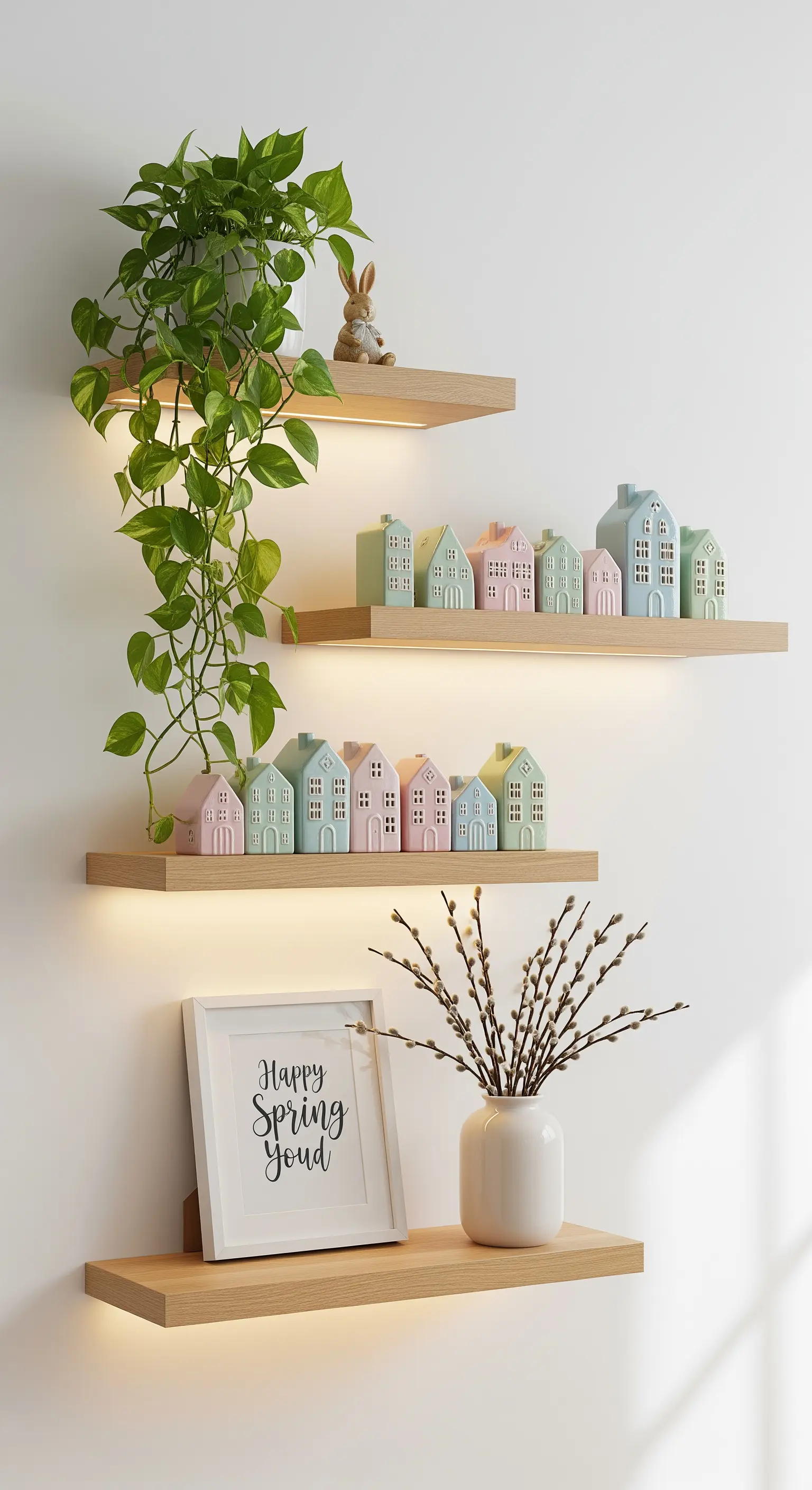 Schweberegale mit LED-Beleuchtung und pastellfarbenen Keramikhäusern