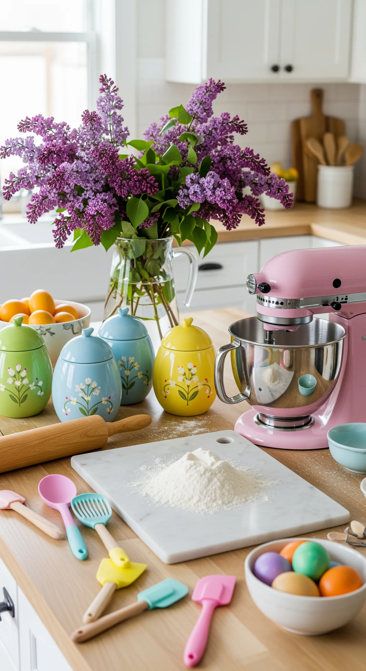 Küchenarbeitsplatte mit Fliederstrauß, Pastell-Keramikdosen, rosa Standmixer und Ostereiern.