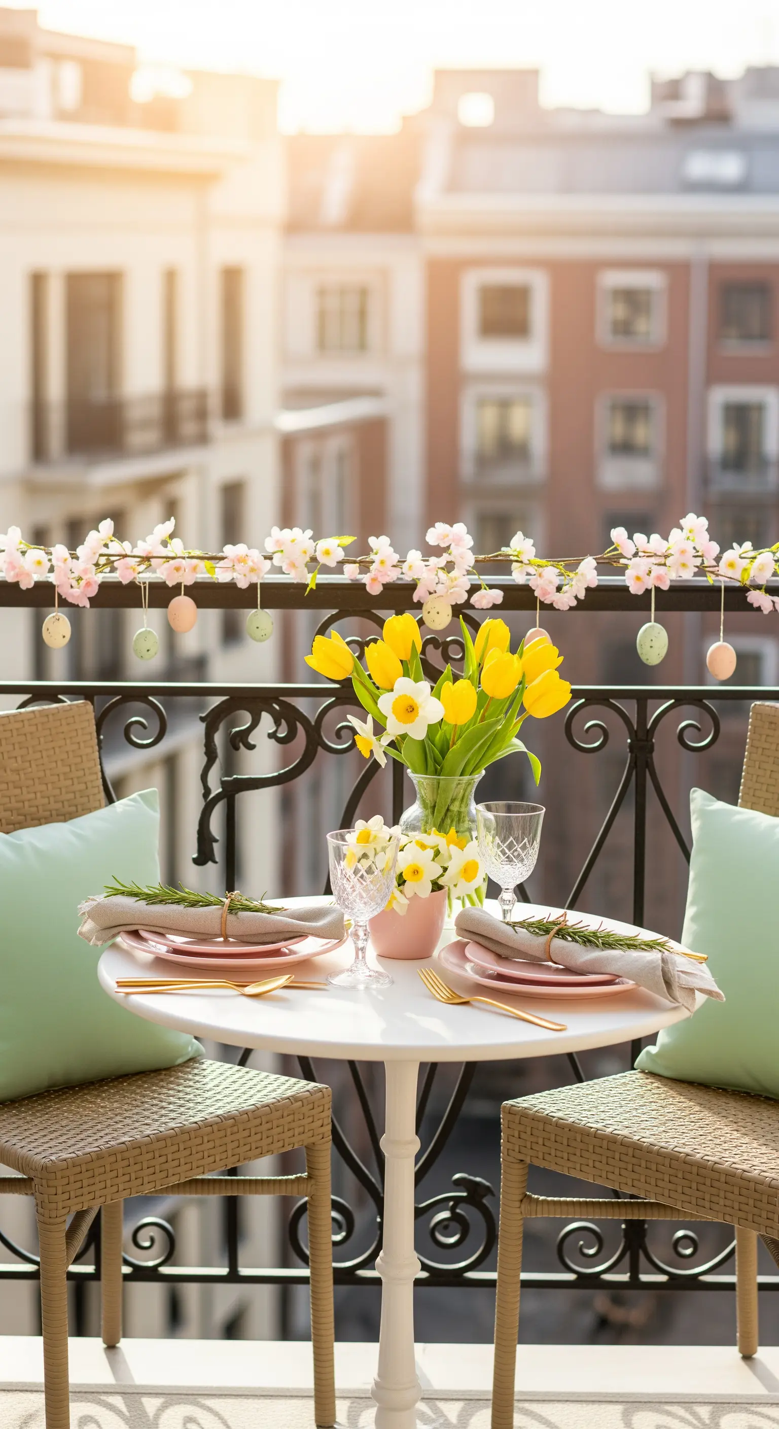 Kleiner Balkon mit Osterfrühstück in Pastellfarben und Blick über die Stadt.