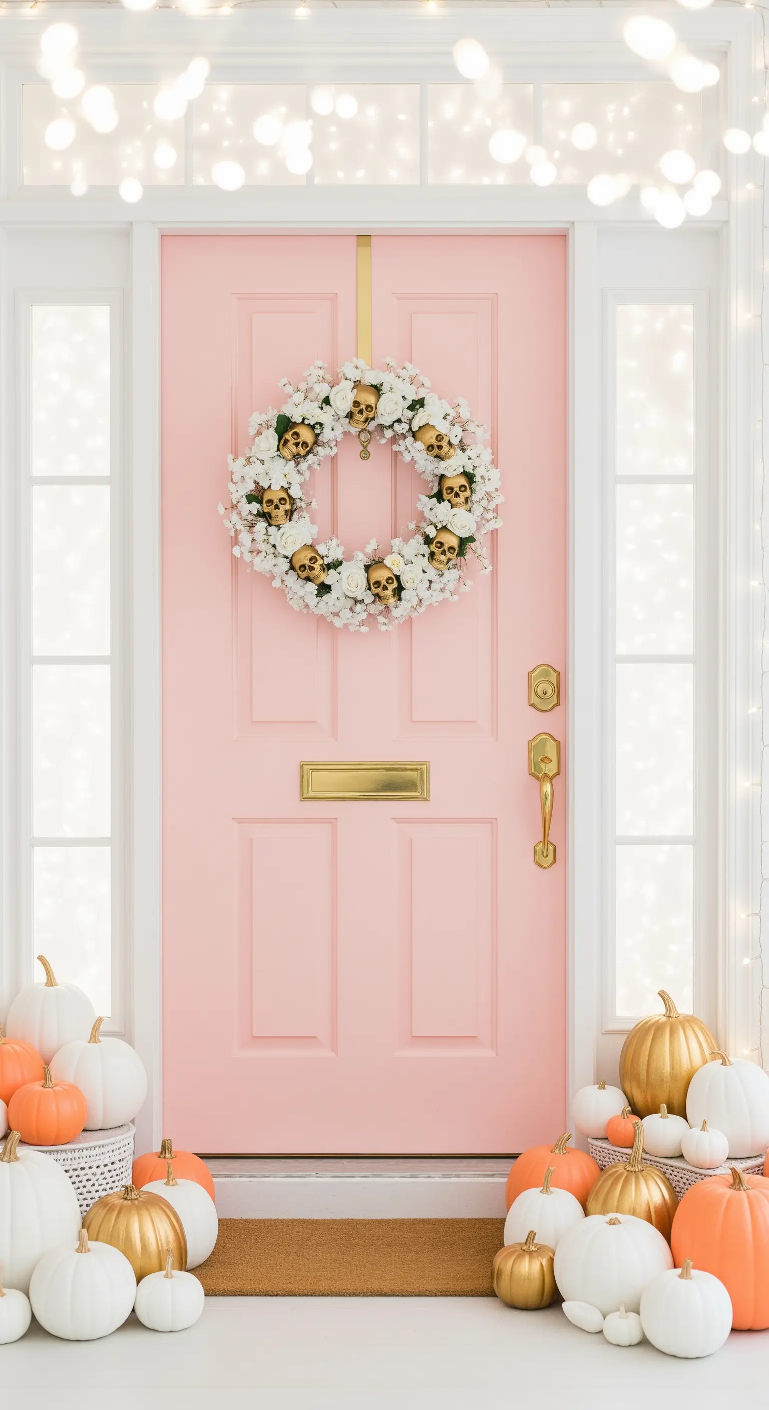 Zartrosa Haustür mit weiß-goldenem Skelettkranz und pastellfarbenen Kürbissen.