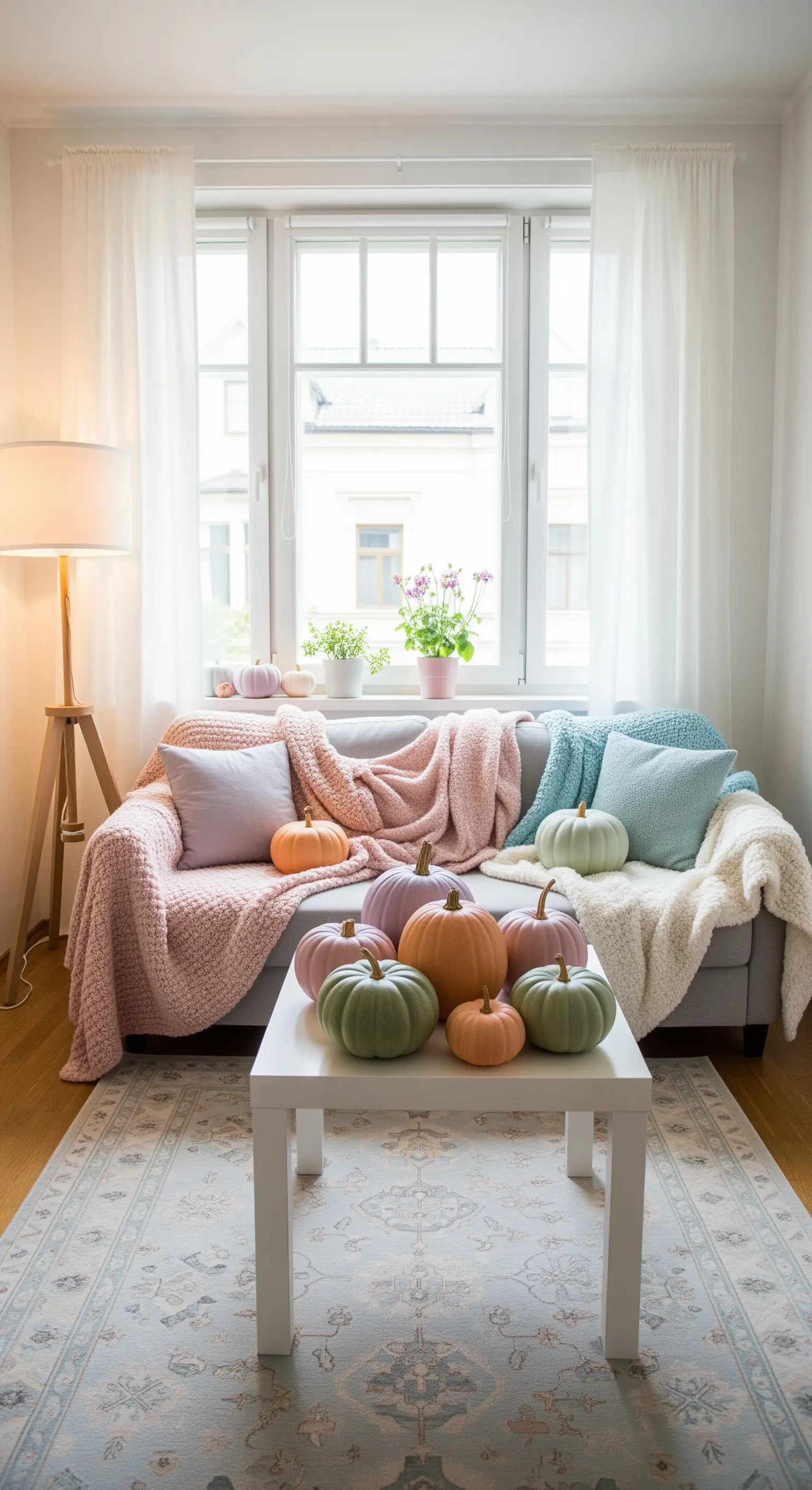 Pastellfarbene Kürbisse auf Couchtisch und Fensterbank.