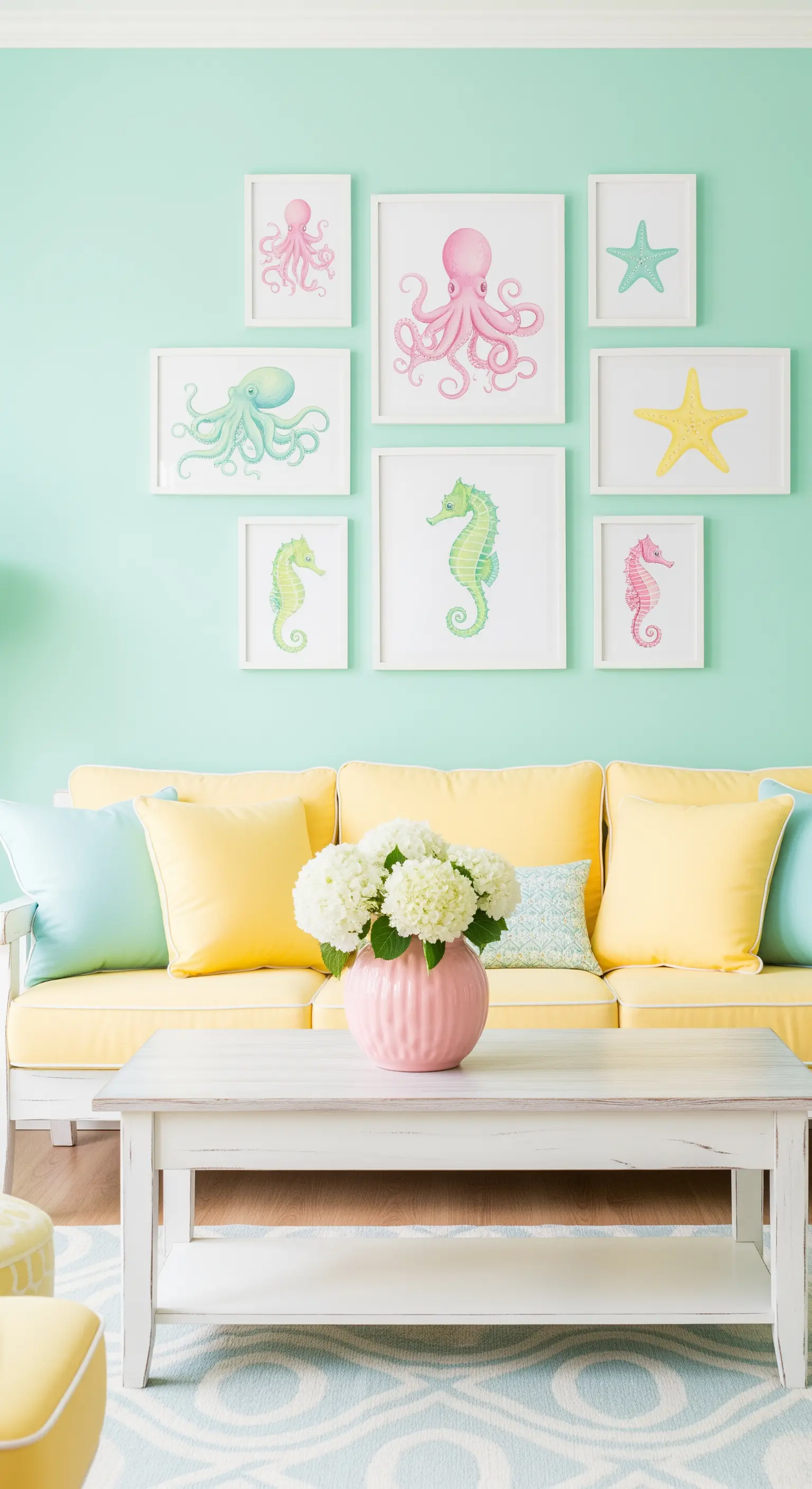 Pastellfarbenes Wohnzimmer, Mintgrün, Gelbes Sofa, Meerestier-Bilder, fröhlich