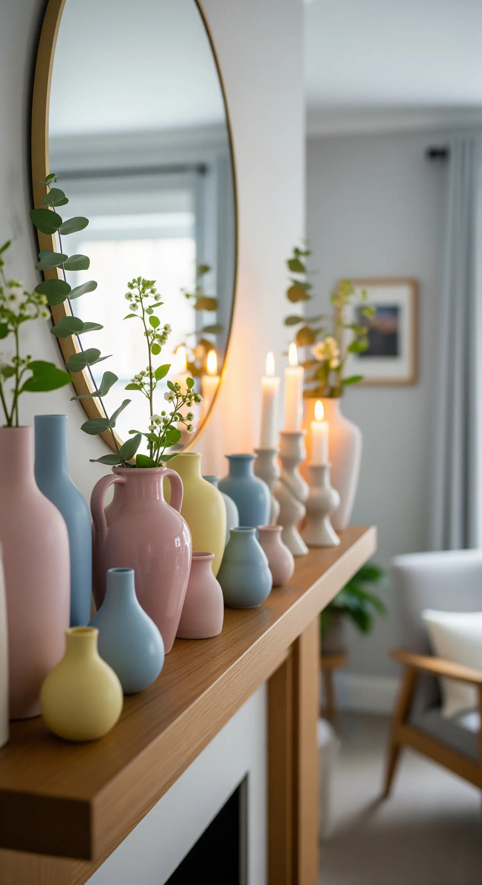 Sammlung von kleinen pastellfarbenen Keramikvasen auf einem Holzkamin.