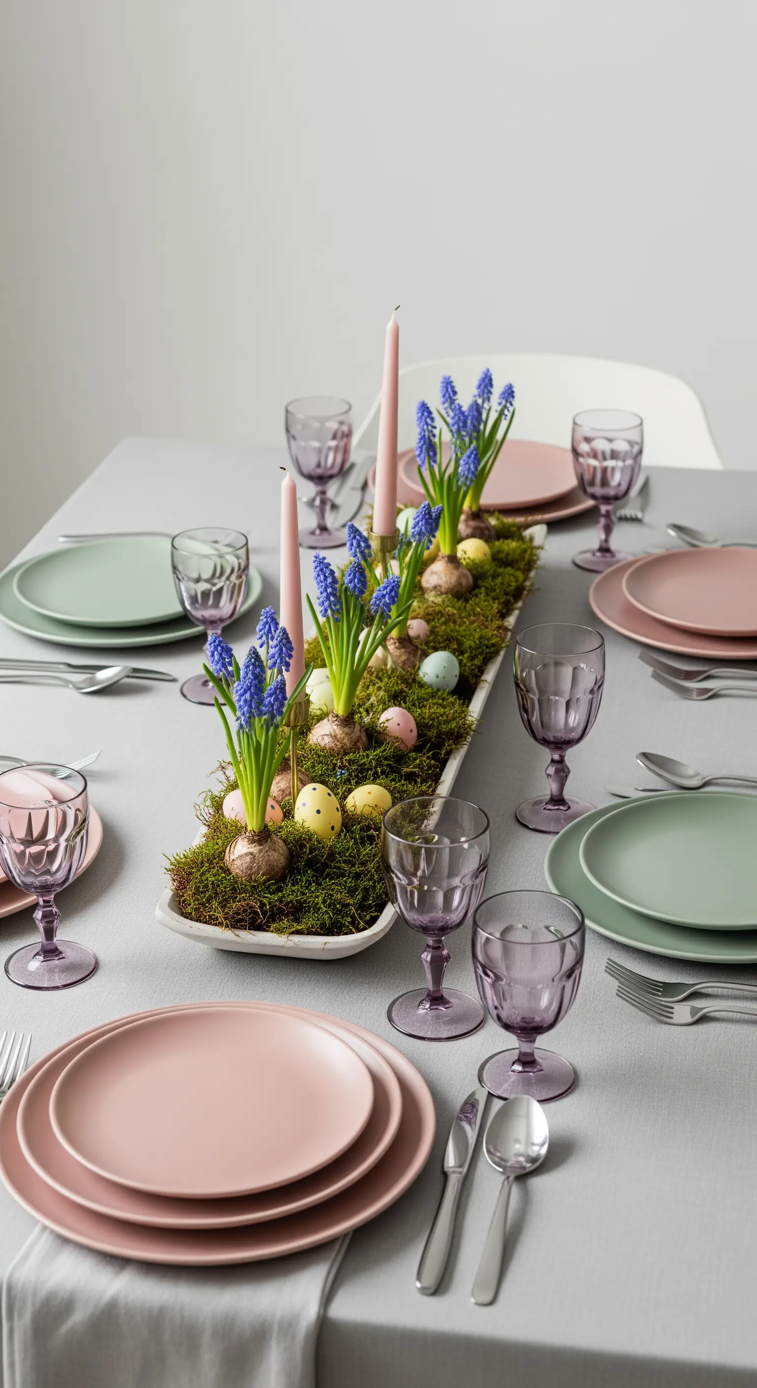 Ostertafel in Pastellfarben mit einem Centerpiece aus Moos und Hyazinthen.