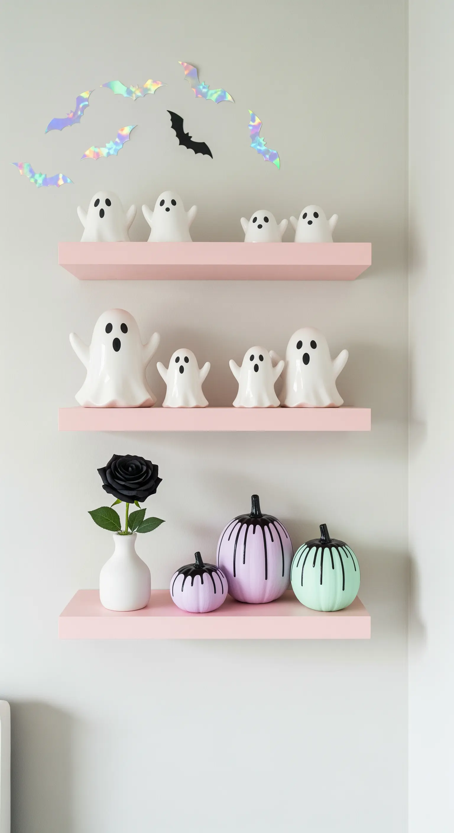 Pastellfarbene Halloween-Deko mit Geistern, Drip-Art-Kürbissen und schimmernden Fledermäusen.
