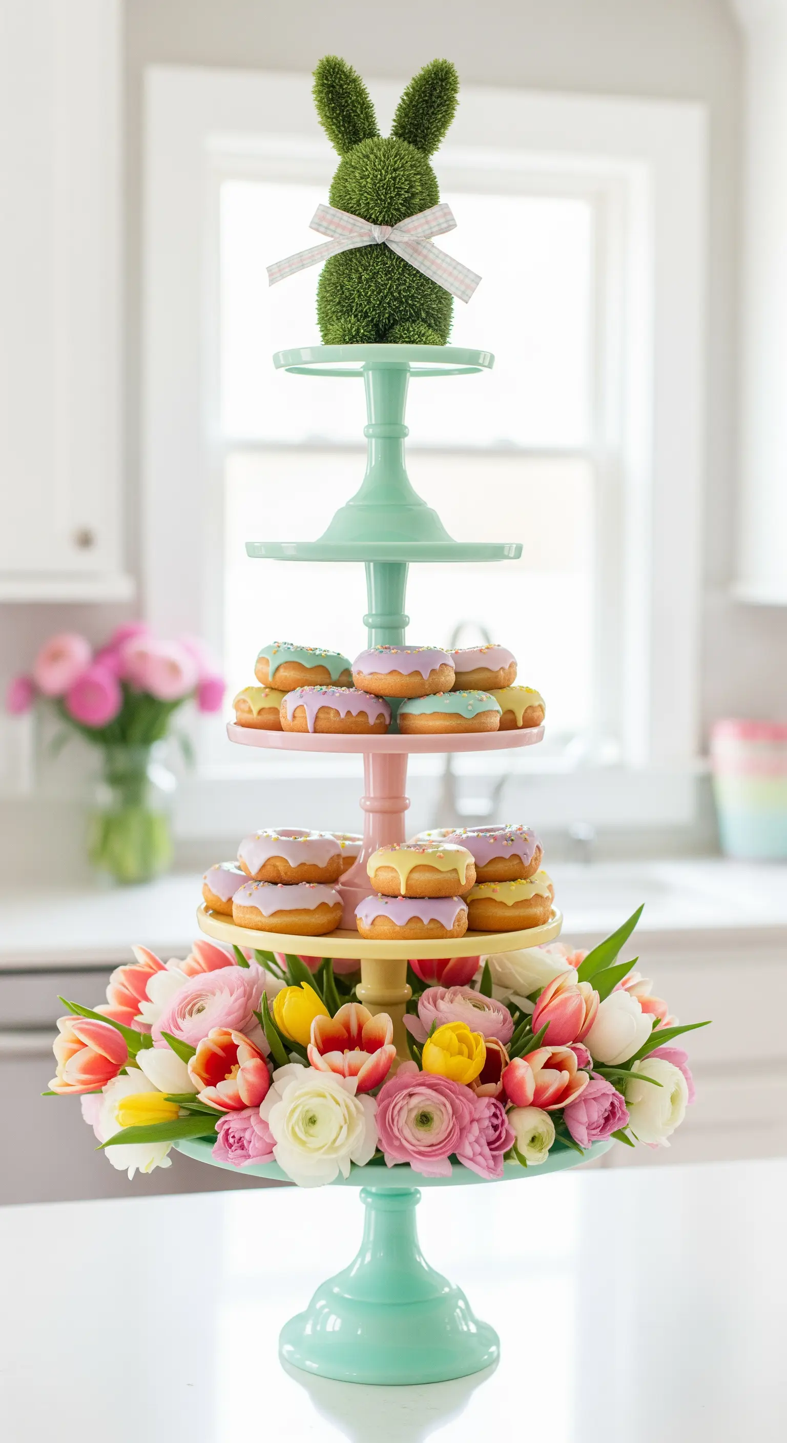 Turm aus pastellfarbenen Tortenplatten mit Donuts und frischen Blumen