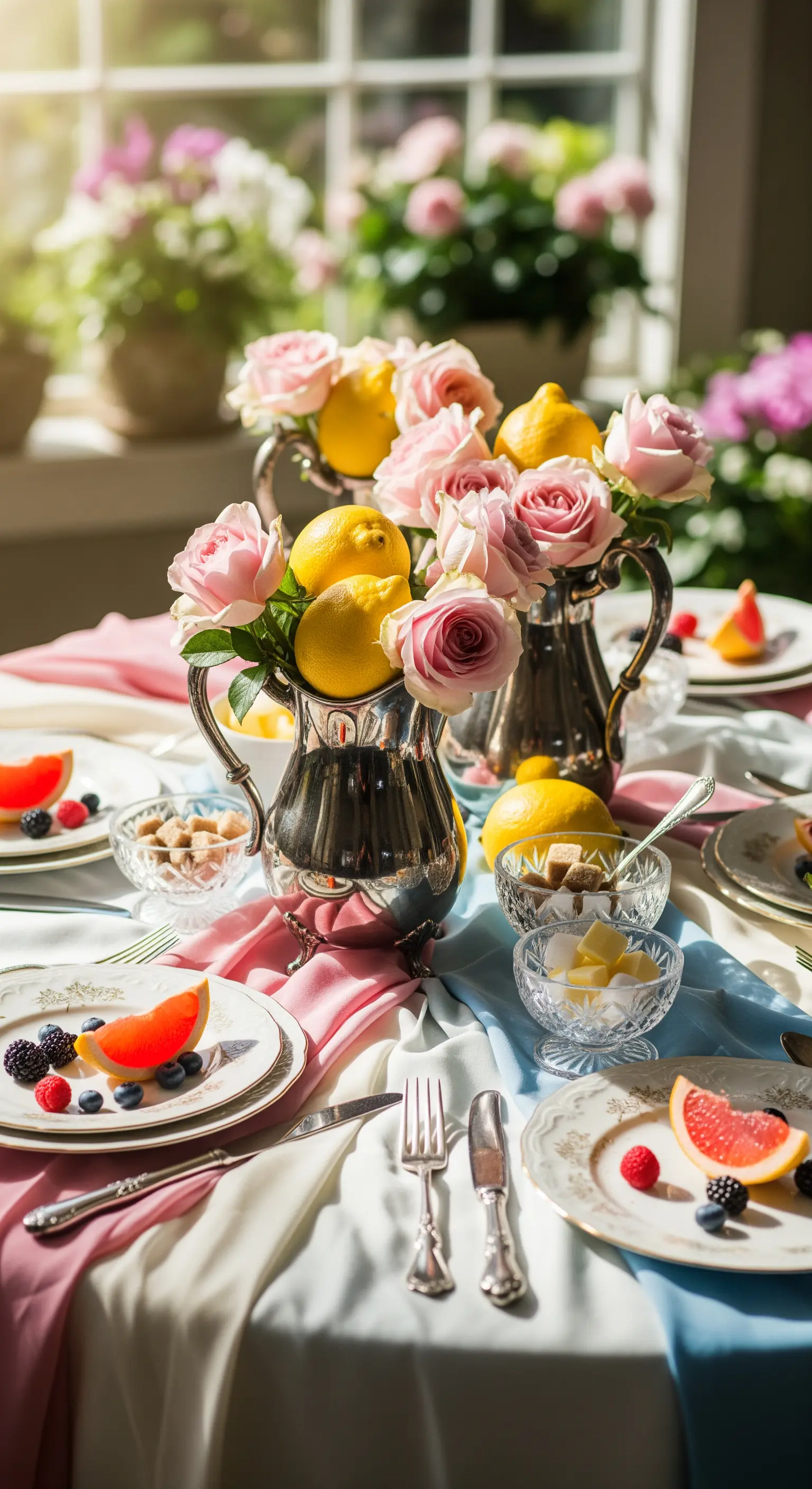 Romantischer Tisch mit fließenden pastellfarbenen Stoffen, Silberkannen mit Rosen und Zitronen