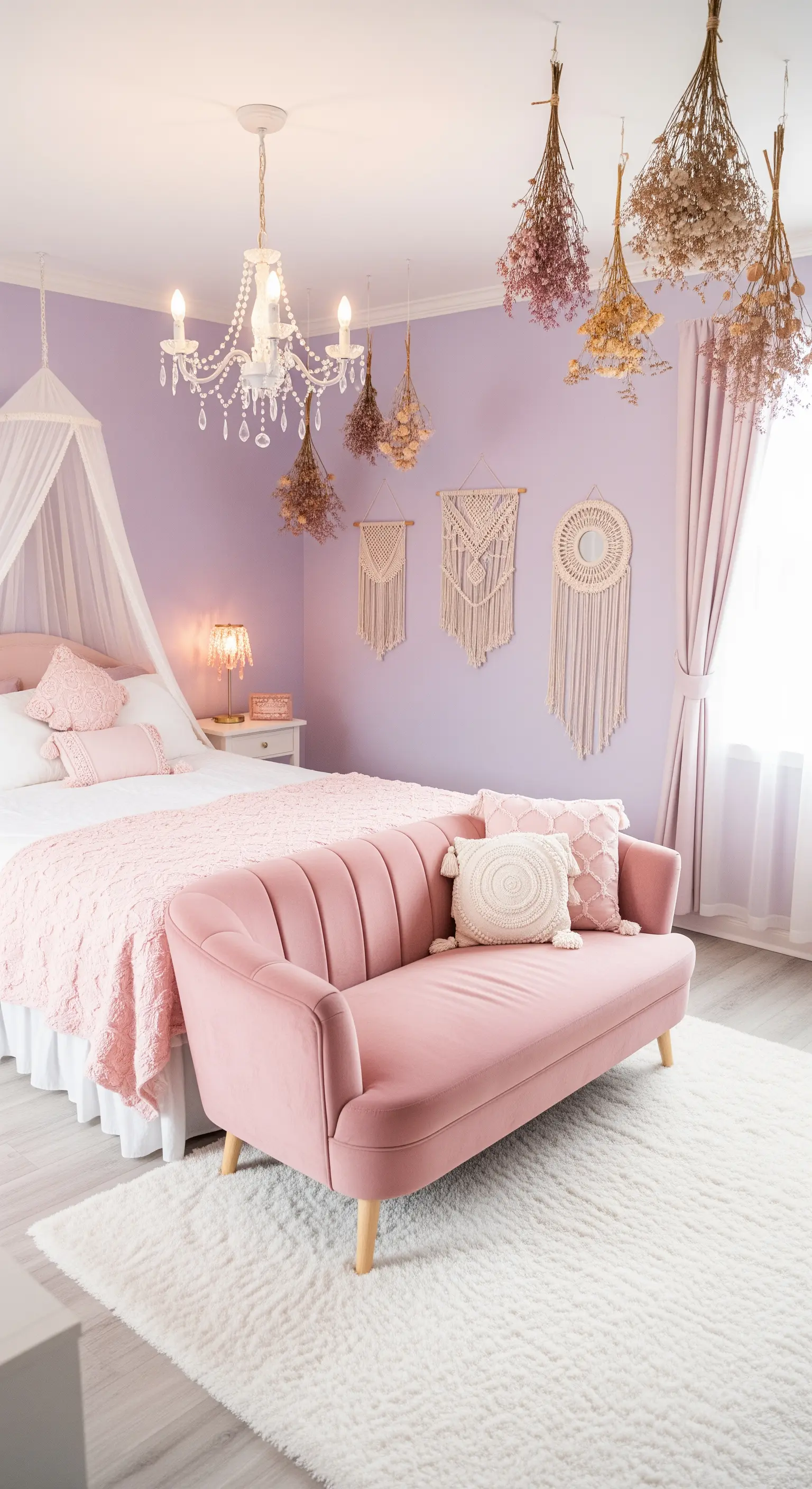Fliederfarbenes Zimmer mit hängenden Trockenblumen, rosa Sofa und weißem Teppich