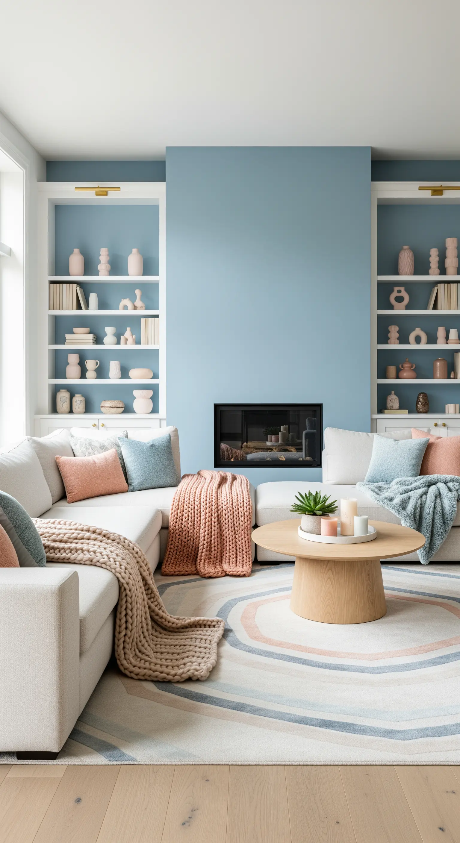 Wohnzimmer mit blauer Akzentwand, weißen Regalen, rosa Keramik, großes Sofa