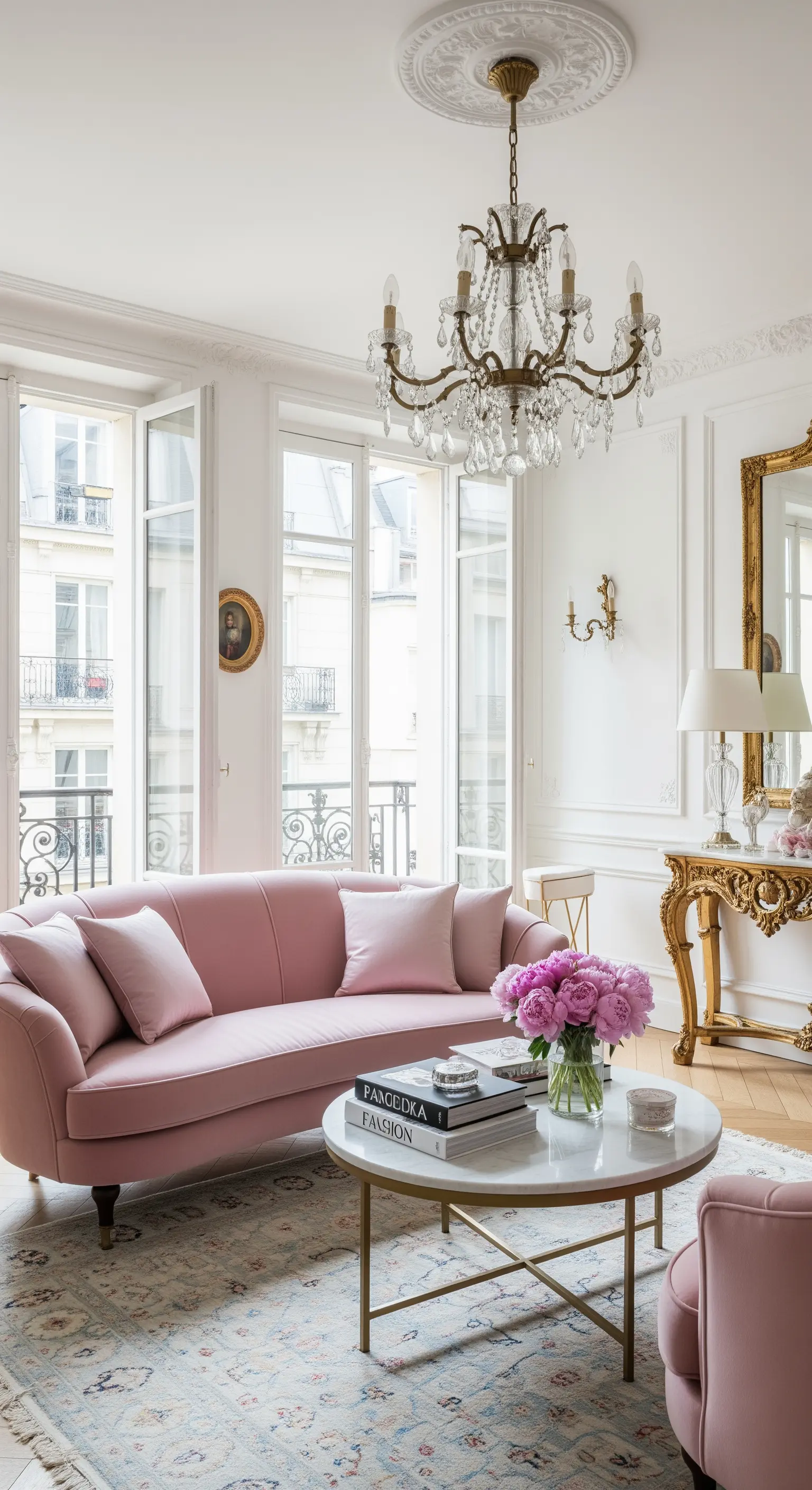 Helles Wohnzimmer im Pariser Stil mit rosa Samtsofa und goldenen Details.