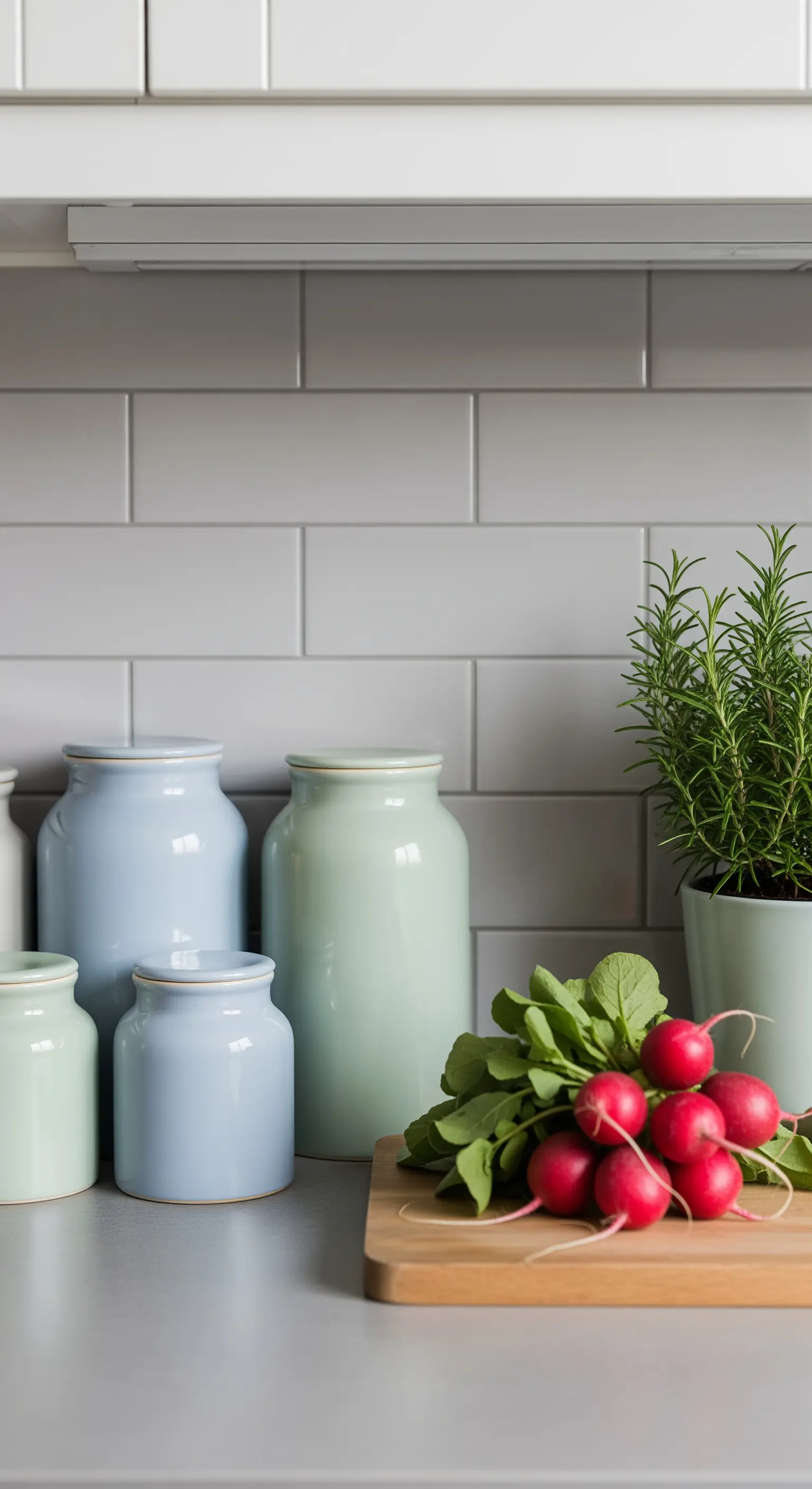 Pastellfarbene Vorratsdosen, frische Radieschen und Rosmarin auf Küchenarbeitsplatte