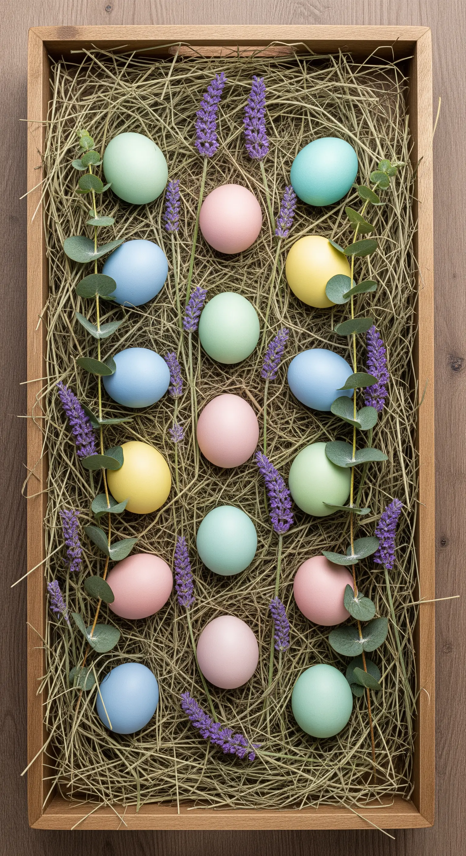 Holzrahmen mit Heu, Pastelleiern, Eukalyptus und Lavendel