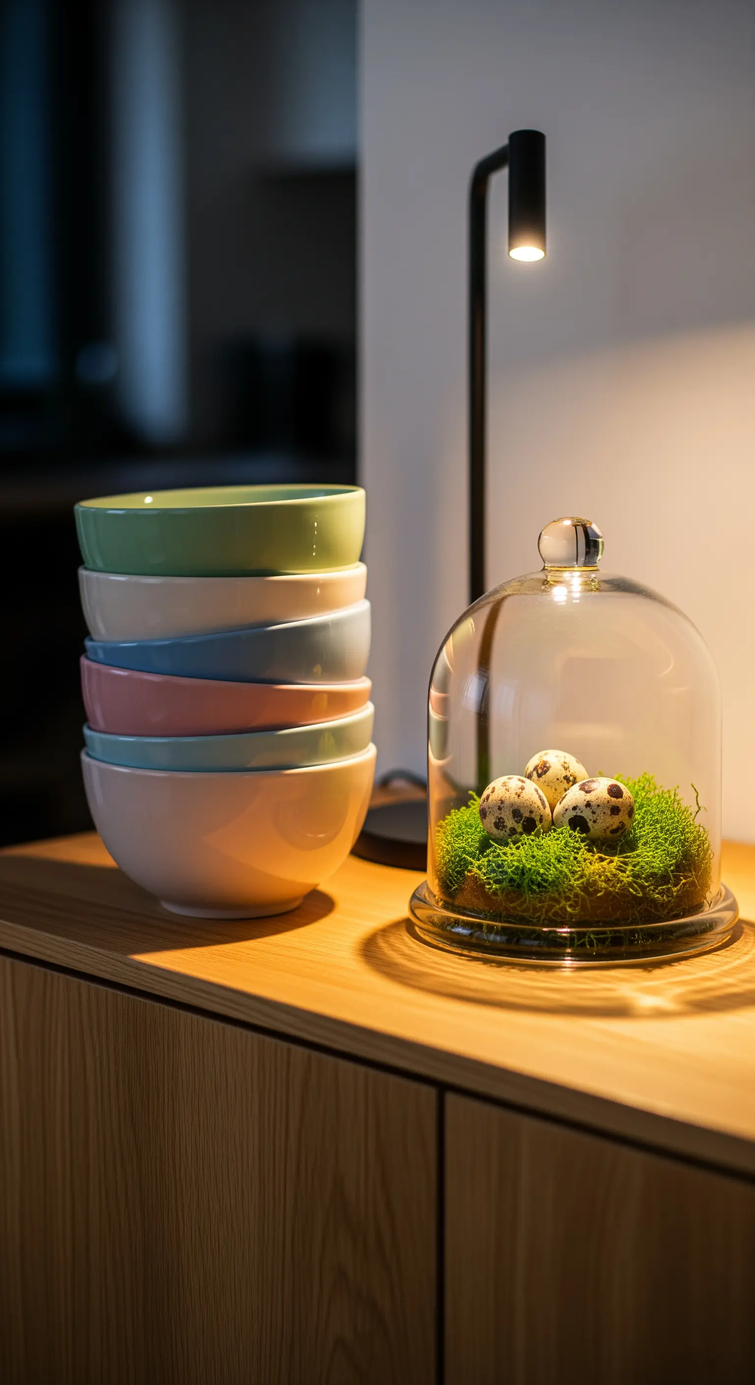 Pastellfarbene Schalen, Tischleuchte und Glashaube mit Moos und Wachteleiern