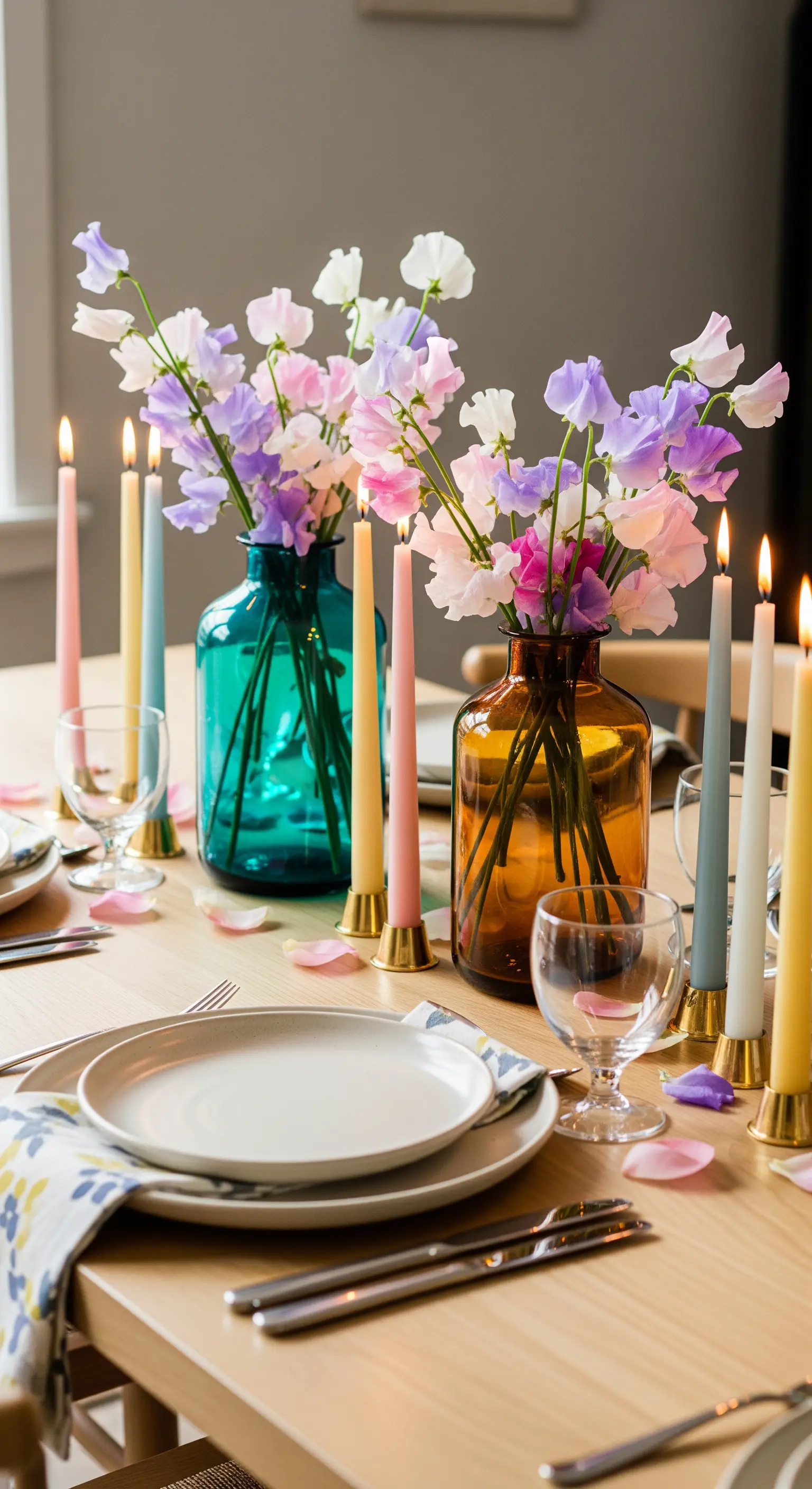 Duftwicken in bunten Glasvasen mit pastellfarbenen Stabkerzen