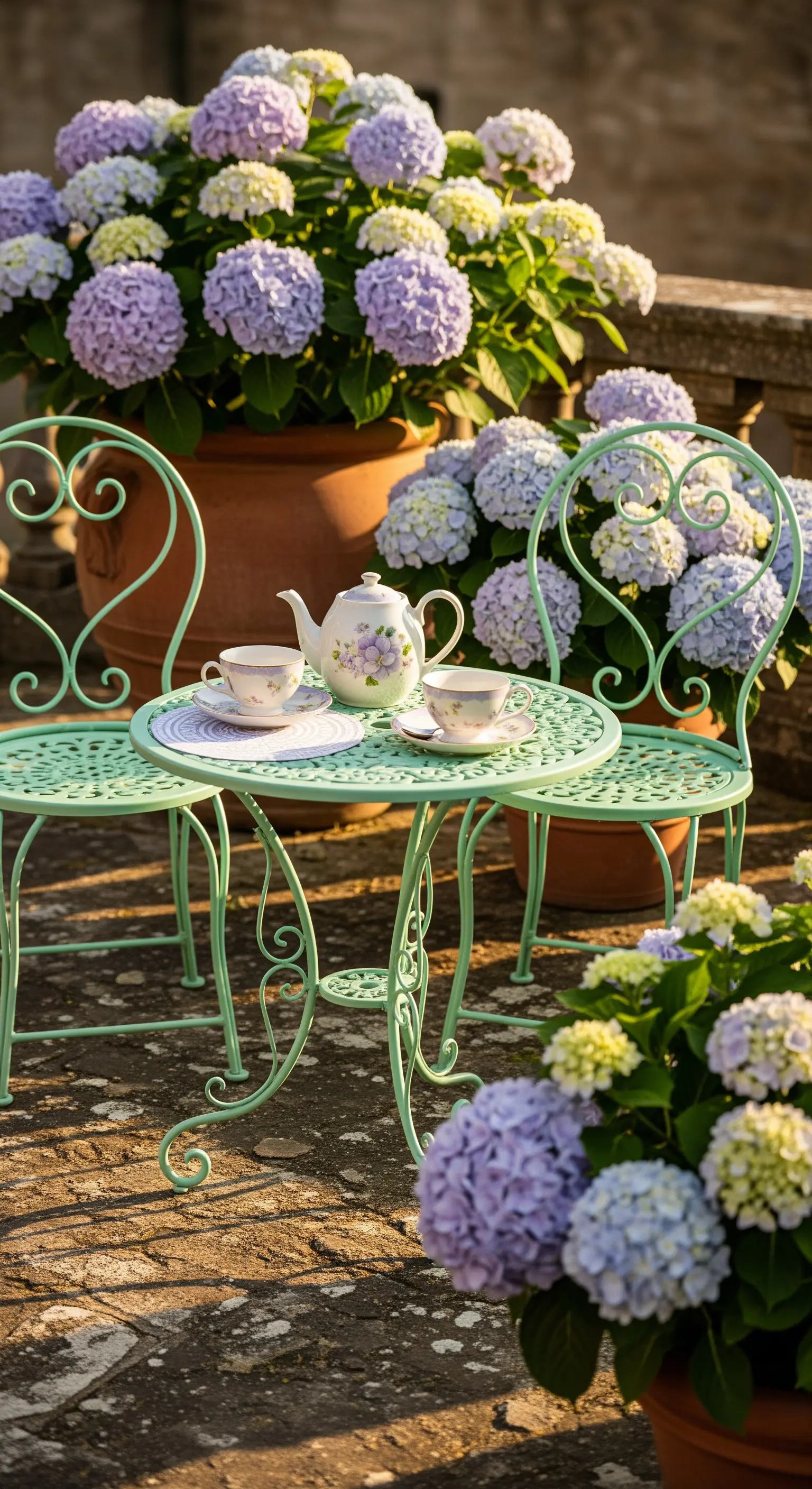 Mintgrünes Bistro-Set mit Teegeschirr und Hortensien auf einer Terrasse