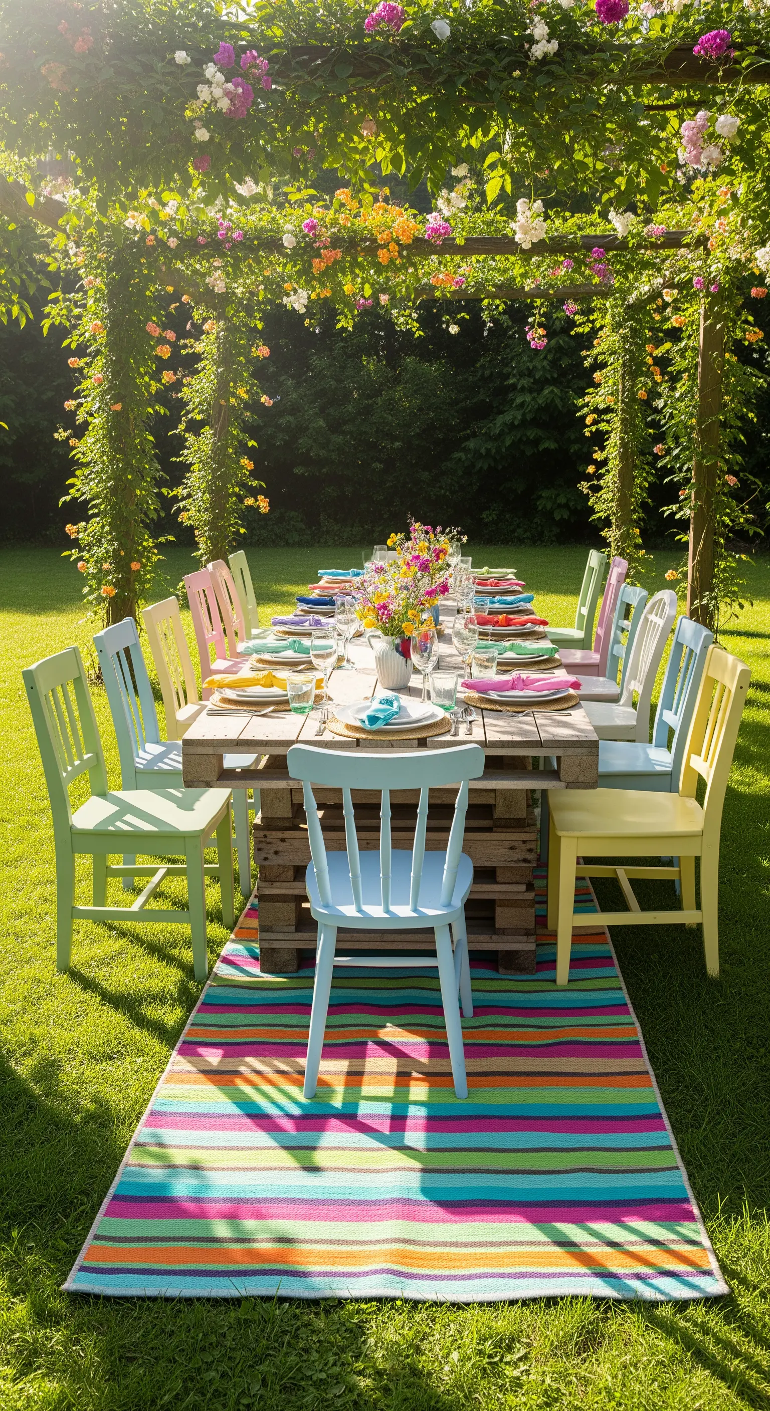 Palettentisch mit bunten Stühlen und Teppich unter einem blühenden Rosenbogen im Garten.