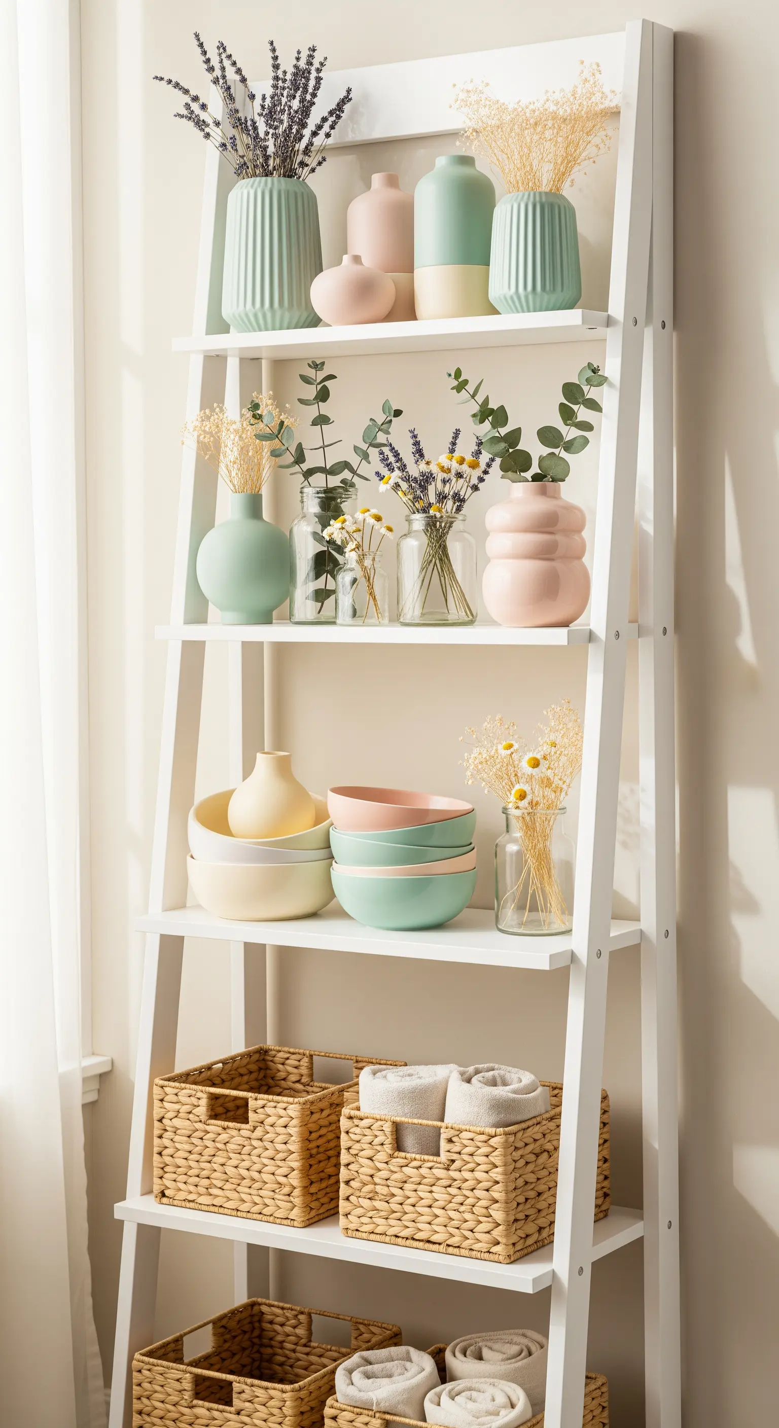 Leiterregal mit Pastellvasen, getrockneten Blumen, Körben mit Handtüchern