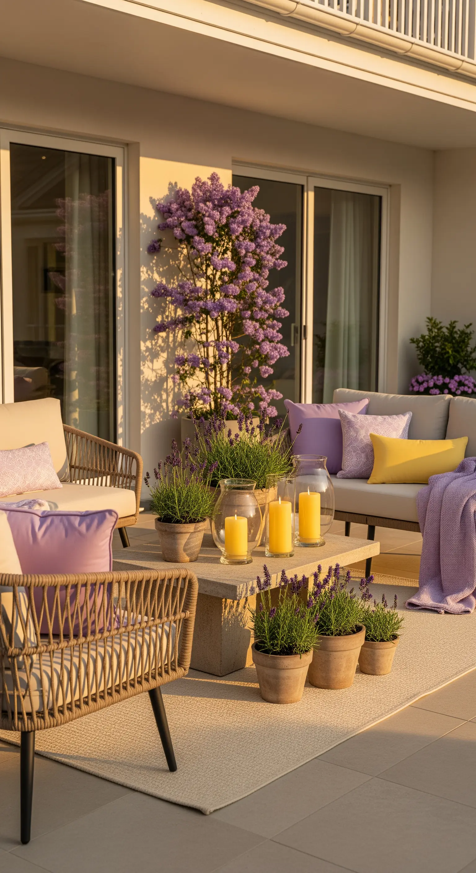 Balkon mit lilafarbenen und gelben Kissen, Lavendelpflanzen und Kerzen.