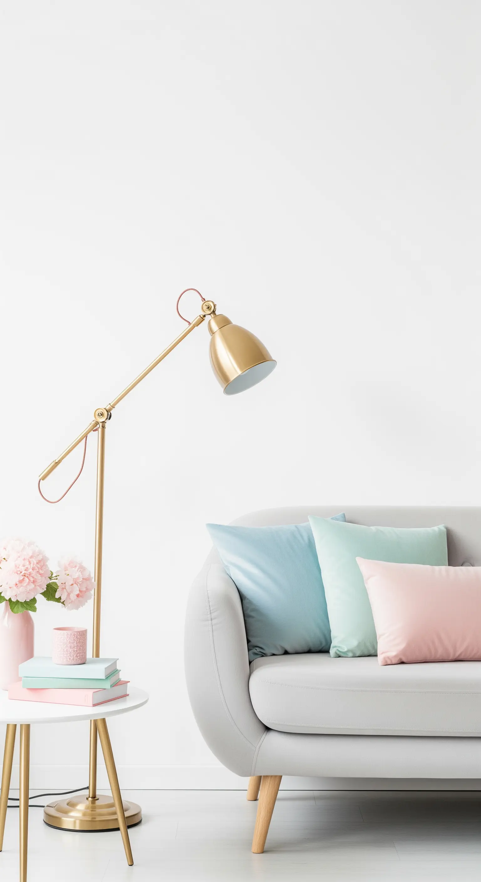 Helles Wohnzimmer mit einem grauen Sofa, das mit pastellfarbenen Kissen dekoriert ist, neben einer Goldlampe.