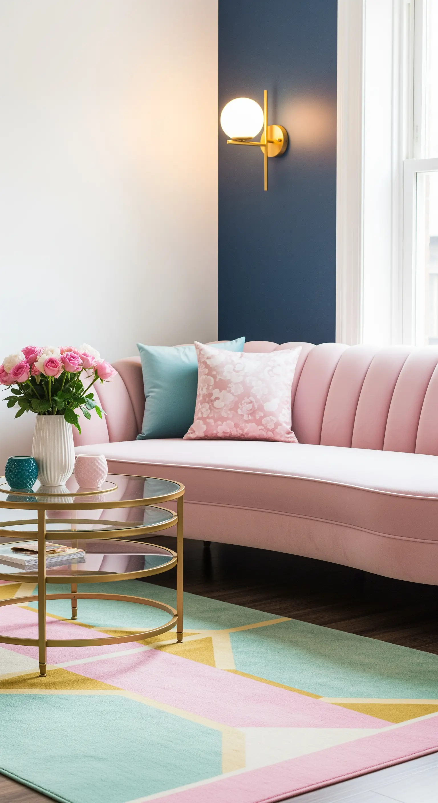 Rosa Samtsofa vor einer dunkelblauen Akzentwand mit goldenen Deko-Elementen.