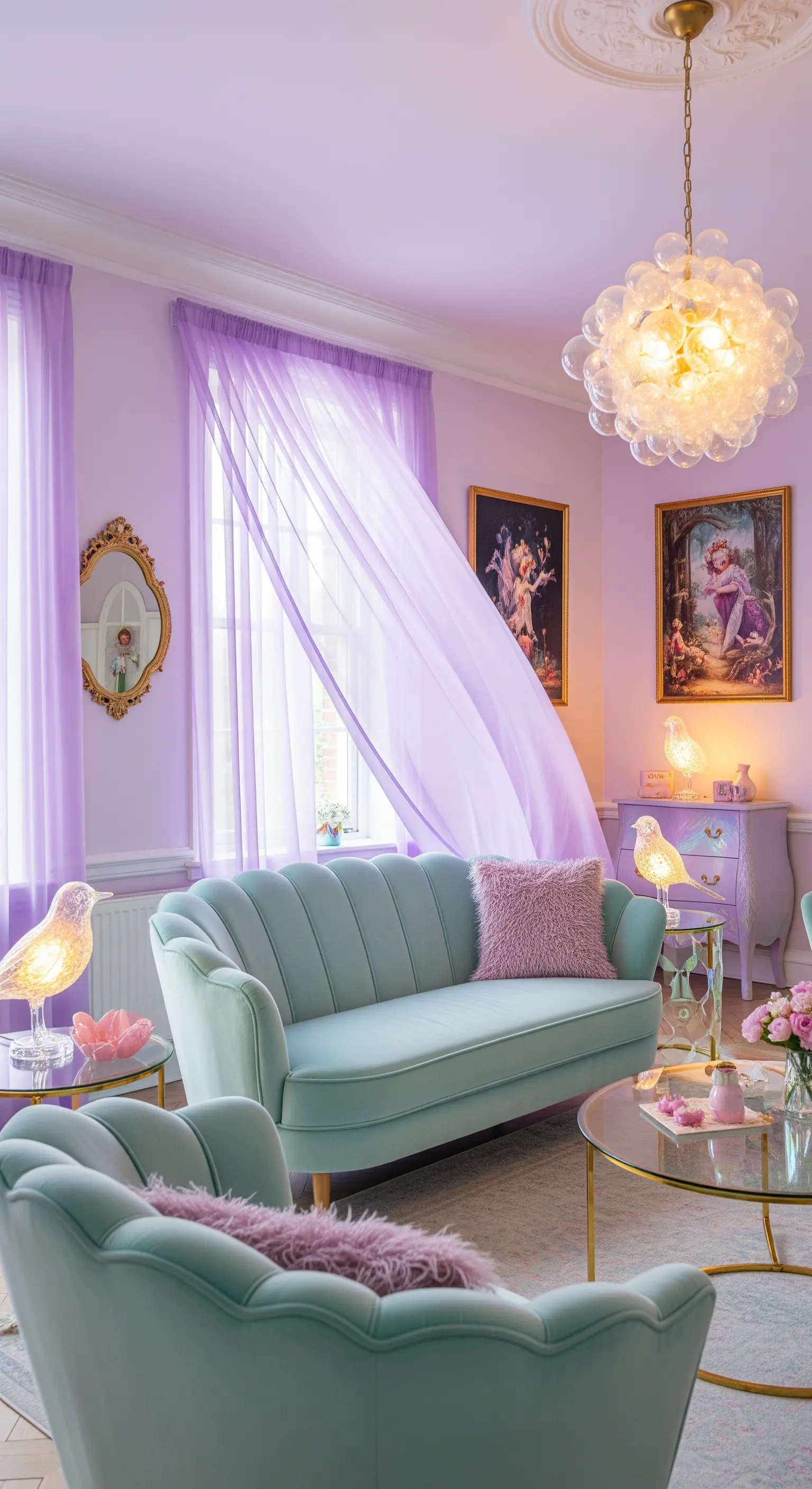 Wohnzimmer in Pastellfarben mit helllila Wänden und transparenten Vorhängen.