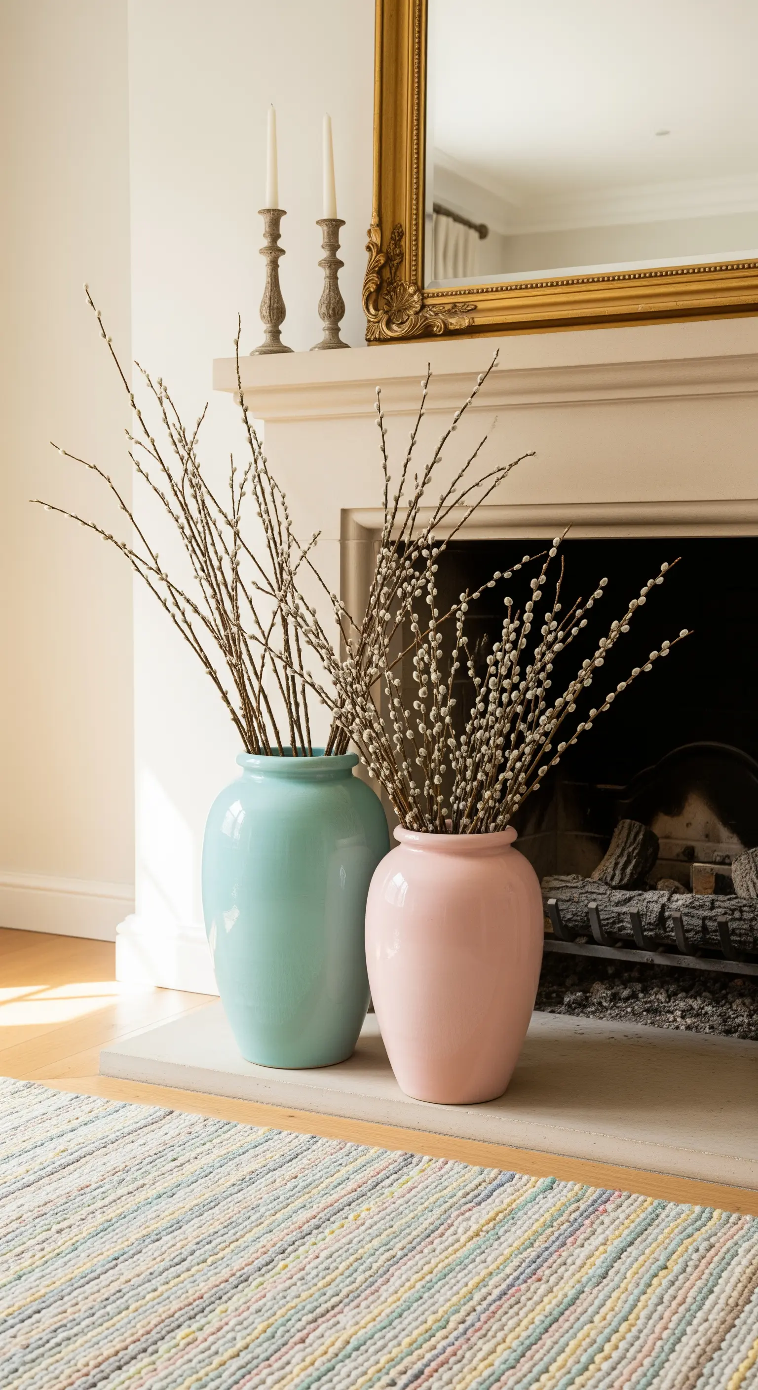 Kaminsims mit mintgrüner und rosa Vase, Weidenkätzchen, Goldspiegel